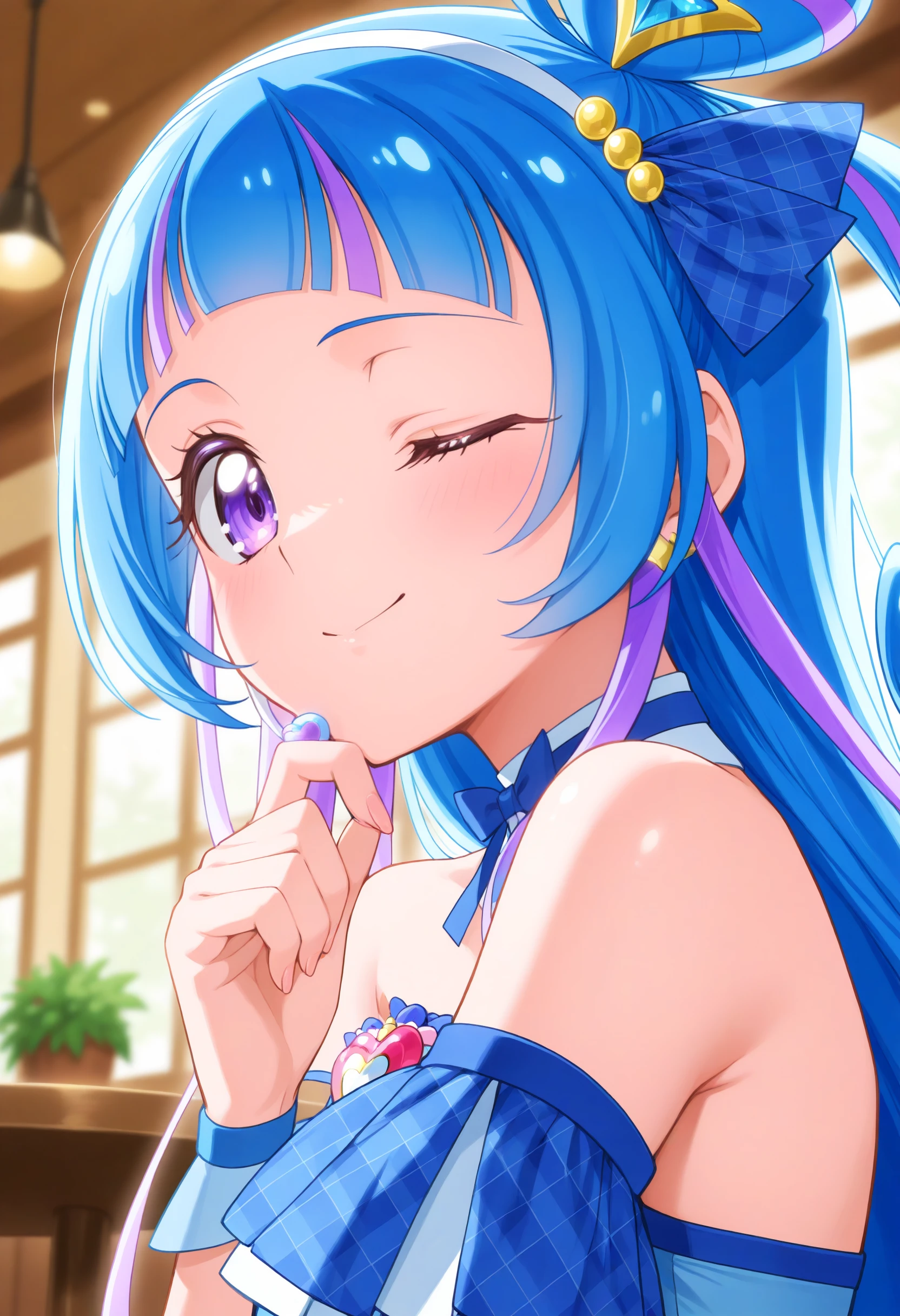 cure wink, kimi to idol precure, blue hair, magical girl, mini crown, purple eyes, blue dress, tilted headwear, very long hair, blunt bangs, bare shoulders, hairband, two-tone hair, purple hair, jewelry, idol clothes, idol, <lora:curewink_Illust_v1:0.8>
masterpiece, best quality, newest, absurdres, CG, anime, source anime, illustration,
from side, portrait, looking ahead, one eye closed, cafe, closed mouth