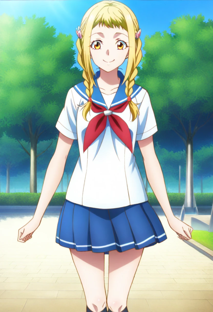 masterpiece, best quality, anime screenshot, anime, <lora:Penelo  [Illustrious] - Final Fantasy XII:1>, P3nel0, 1girl, solo, twin braids, long hair, school uniform, red neckerchief, blue skirt, pleated skirt, black socks, standing, arms at sides, standing, looking at the viewer, outdoors, park, blue sky, smile, cowboy shot