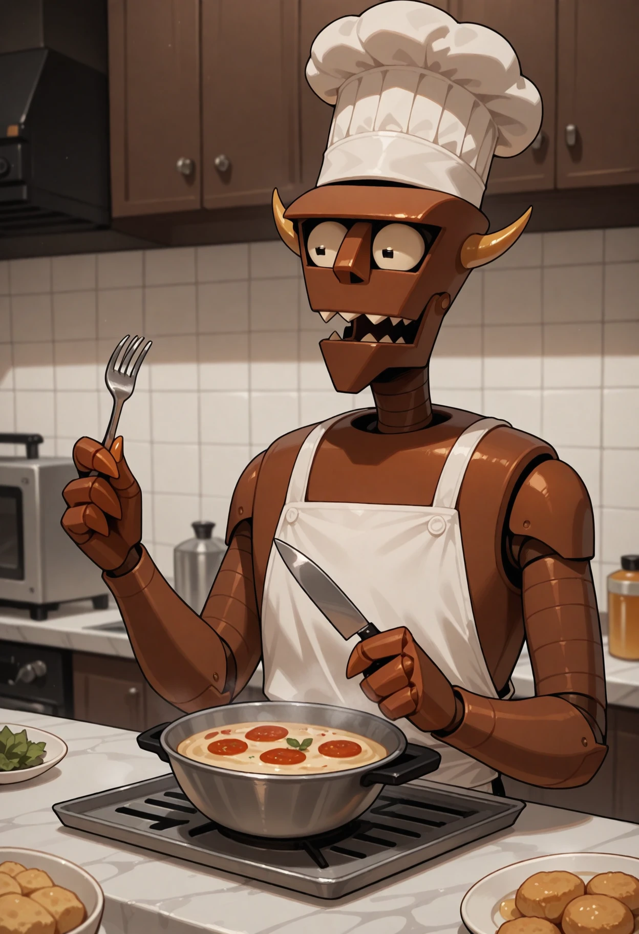 masterpiece, best quality, amazing quality, 1boy, solo, b33lz3b0t, humanoid robot, kitchen, holding knife, holding fork, food, chef hat