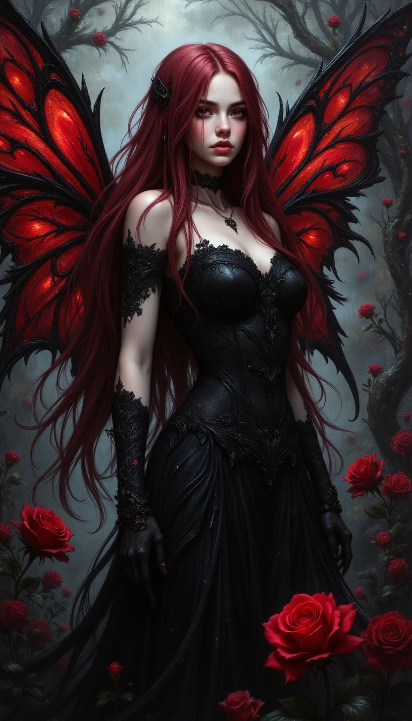 A high-quality digital artwork in the style of pinkdarkcanvas,
A photorealistic 3D artwork of a stunning fairy with a crimson and black theme inspired by black roses and dark magic. Her long, flowing hair, a deep, rich crimson, cascades down her back like rivulets of blood. Her eyes, a piercing, glowing crimson, hold an intense, almost hypnotic gaze. Her wings, delicate yet powerful, are crafted from a shadowy, translucent black material, veined with crimson lines resembling the thorns of a rose. She is adorned in a gown of shimmering, layered black fabric, reminiscent of unfolding black rose petals, giving her a darkly elegant and regal presence. The scene is enveloped in swirling fractal patterns inspired by thorny vines and the spiraling centers of black roses, creating a dramatic and mysterious atmosphere. The overall composition is rich in contrast and texture, with a gothic, almost surreal quality that brings the fairy and her surroundings to life in a dramatic interplay of crimson and black.