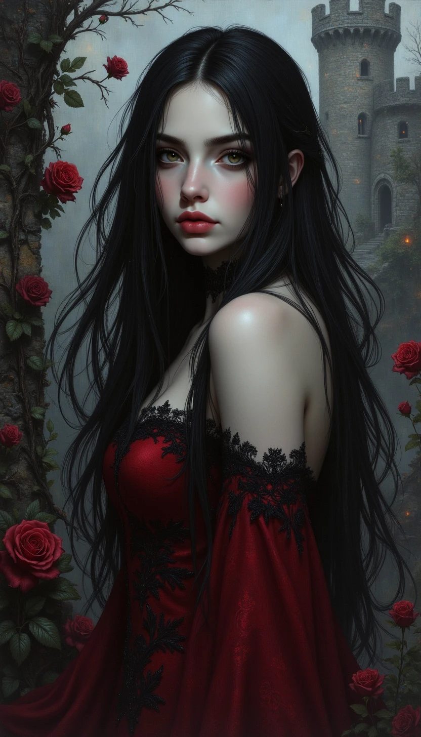 A high-quality digital artwork in the style of pinkdarkcanvas,
A dark, alluring woman with deep crimson lips and smooth, pale skin. Her eyes are a mesmerizing deep green, and her long, raven-black hair flows effortlessly. She wears a velvet gown in deep red, embroidered with black roses. Behind her, a crumbling stone castle is shrouded in thorny rose vines, with glowing red embers floating in the twilight.