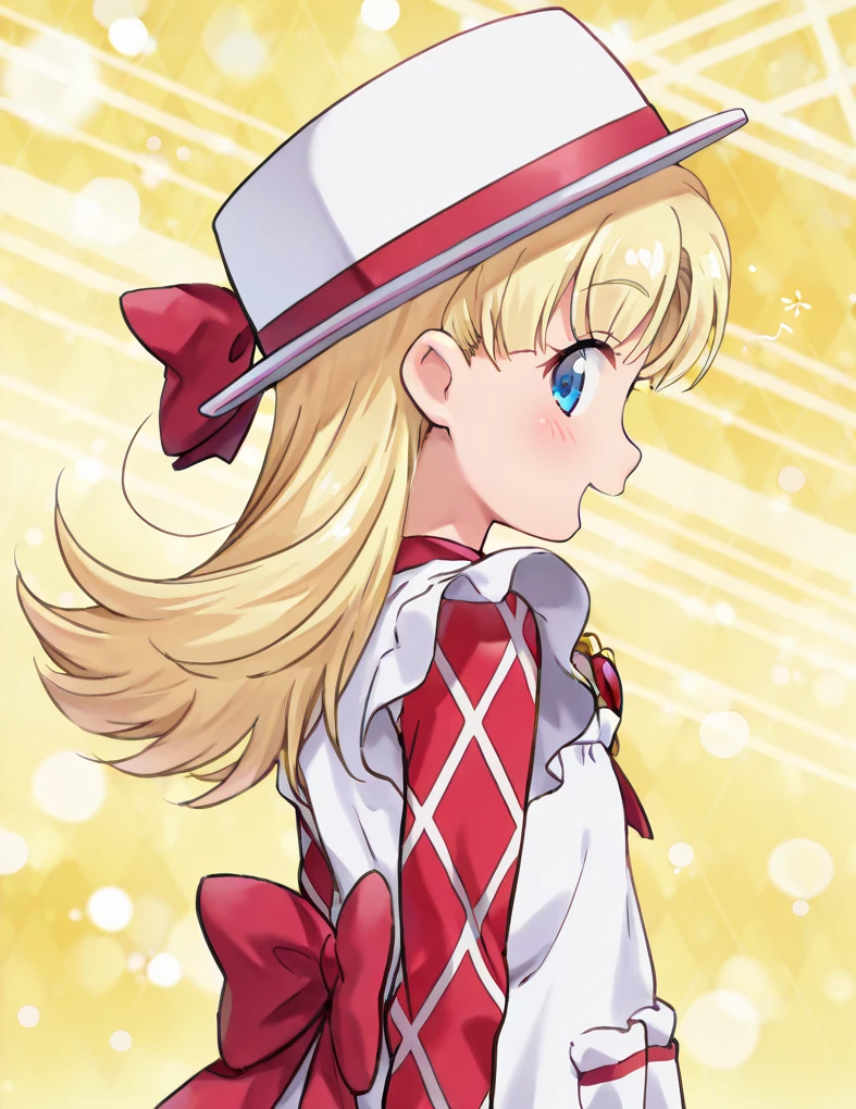 (Masterpiece, best quality:1.3), top quality, 8k resolution, full body, (ultra-detailed, hyperdetailed), traditional media, 2d, nadja, (solo), blue eyes, (porkpie hat, hat bow:1.1), (white headwear:1.3), standing, (reference sheet:1.1), (multiple views:1.1),dutch angle, (deep depth of field), cinematic, (striped background:1.1), simple background, frills,blush, colorful background, facing viewer, looking at viewer, floating hair, blonde hair, long hair, flipped hair, parted bangs, happy, smile, closed mouth, detailed eyes, detailed face, closed mouth, looking at viewer, (red dress:1.3), apron, white apron, frilled apron, (long sleeves, red sleeves, argyle, argyle print:1.3),(chest bow), (heart brooch), brooch, (wrist cuffs), back bow, (shiny:1.2), beautiful, (kneehighs, shoes:1.2), sleepy, ^_^, ;p, wink, multiple emotes, extremely detailed, from side, angry, hands up, crossed arms, arms above head, profile, from behind, looking back, open mouth, BREAK, amazing quality, very aesthetic,high resolution, ultra-detailed,absurdres, newest, yellow background, (bokeh), symbol