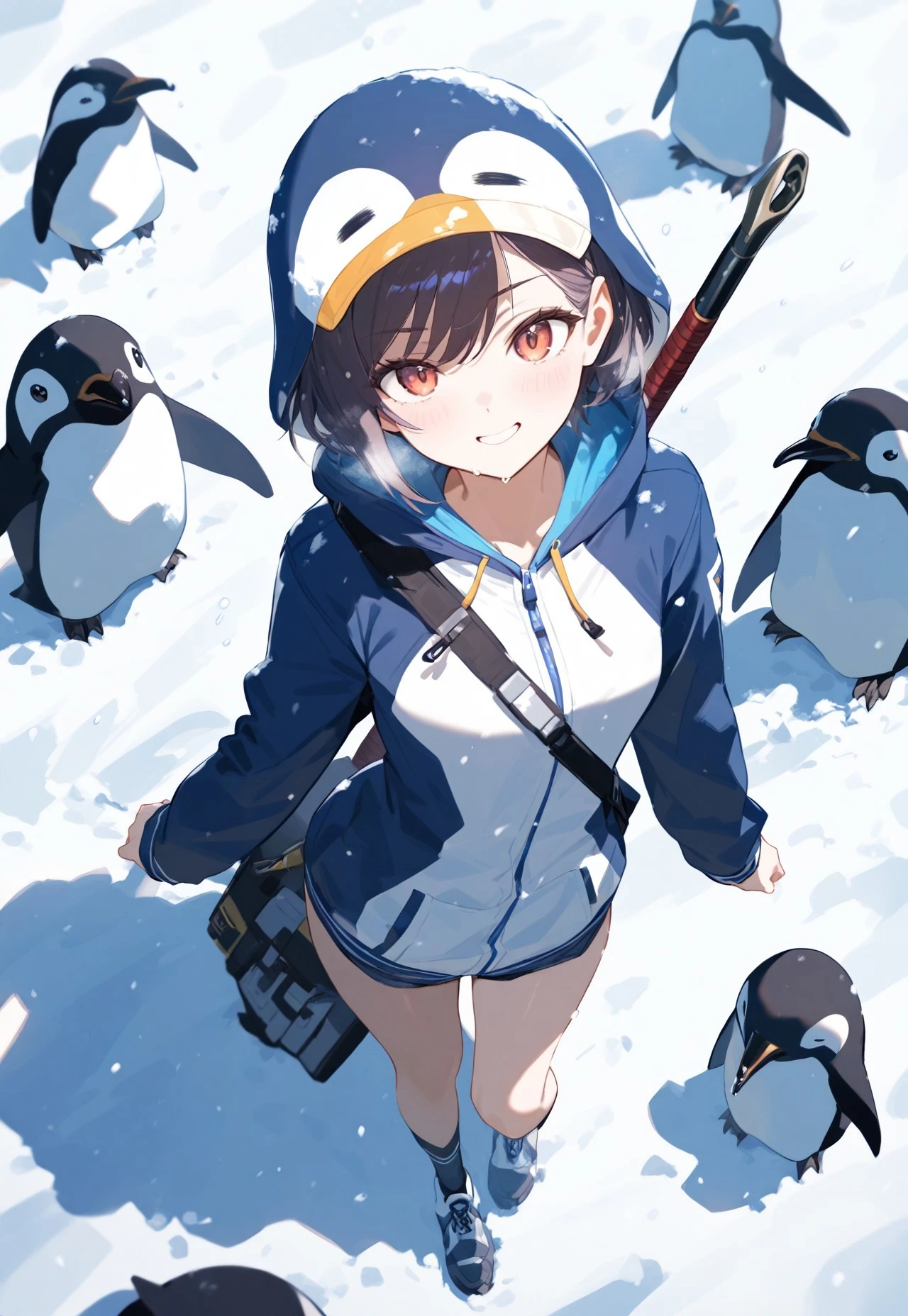 masterpiece, high score, great score, absurdres, takamatsu tomori and penguin, animal, looking at viewer, snow, a penguin that has girl face, weapon on back,