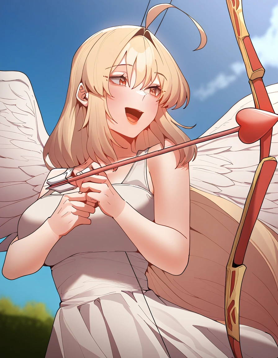 masterpiece, best quality, newest, absurdres, highres, safe,, <lora:bang-hyuna-manhwa-illustriousxl-lora-nochekaiser:1>, bang hyuna, long hair, bangs, blonde hair, large breasts, orange eyes, hair intakes, ahoge,, <lora:cupid-ponyxl-lora-nochekaiser:1>, cupid, dress, bare shoulders, weapon, heart, wings, bow (weapon), arrow (projectile), angel, smile, open mouth, heart arrow,, , cowboy shot, solo