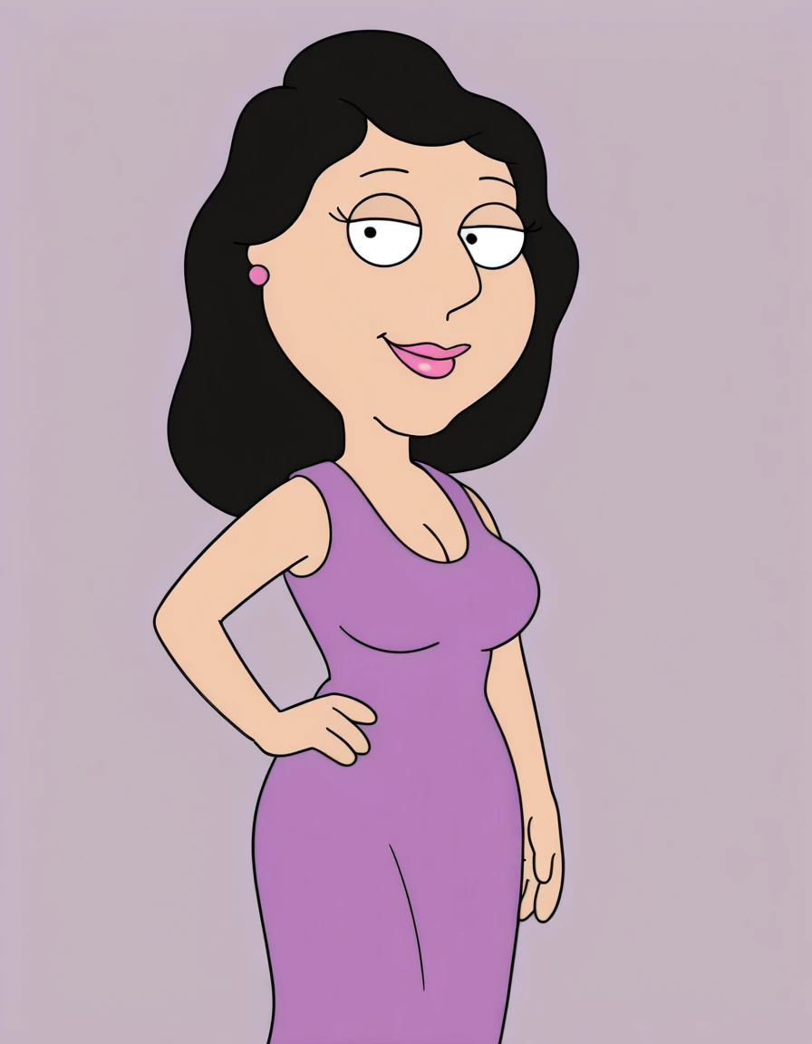 <lora:BonnieFGIllustrious1.0JLFO:1> bonnie, 1girl, long hair, black hair, solo, purple dress, earrings, lipstick, breasts, cleavage, black eyes, smile, looking at viewer,hand on hip, cowboy shot,simple background,