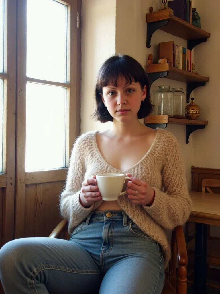 A young woman sits in a cozy, old-fashioned café, dressed in casual attire—a snug sweater paired with jeans. She holds a steaming cup of coffee with both hands, her serene expression illuminated by sunlight streaming through large, vintage windows. The café exudes warmth and rustic charm, featuring wooden furniture, antique decorations, and shelves lined with books and glass jars. The atmosphere feels tranquil and timeless, with soft, golden lighting that enhances the intimate and inviting character of the setting