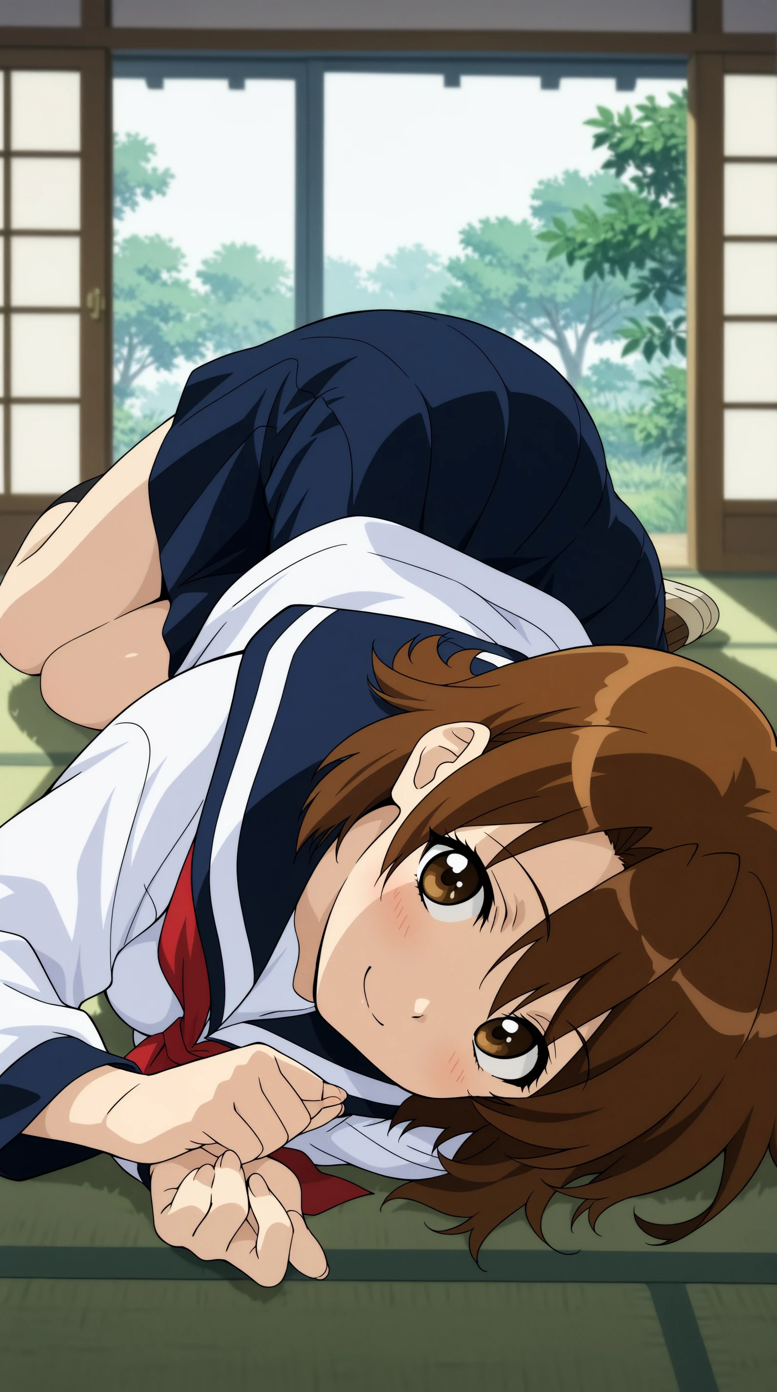 (masterpiece:1.3),(highest quality:1.4),(Super detailed:1.5),8K,High resolution,an extremely delicate and beautiful,Official Art,Perfect ???????,(anime_screencap:1.11),(90s Anime,90s Anime style,Cel-shaded anime:1.17),
anime coloring,detailed face and eyes, (solo:1.5),(anmnr:1.1),((ekitokuwz:1.52)),(school uniform:1.3),serafuku,short brown hair,  pleated skirt, blue skirt, brown eyes, yellow neckerchief, short sleeves, japanese architecture, 
From above,Sleep,(Lying on your back:1.3),close your eyes, Outdoor,Pasture,smile, Open your mouth,