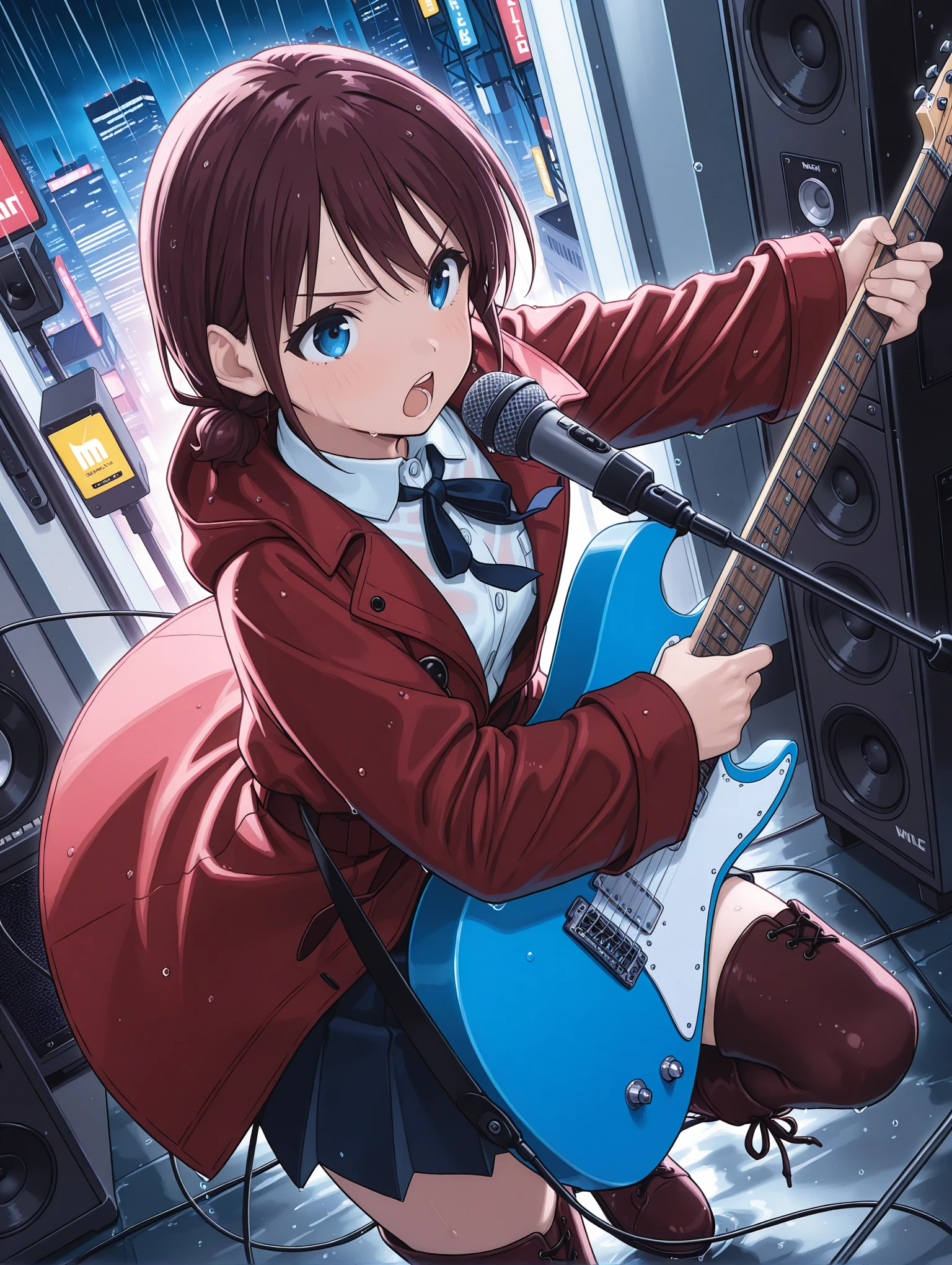 masterpiece,best quality,newest,1girl,solo,
<lora:NINA_ISERI_ilxl_v1:1>,nina_iseri,
red coat,long sleeves,neck ribbon,white collared shirt,black pleated skirt,black_thighhighs,lace-up_boots,
<lora:Fixhands_anime_bdsqlsz_V1:1>,knee_up,singing,dancing,light_blush,sweat,dynamic_angle,cinematic_angle,speaker,microphone,holding_microphone,serious,cowboy_shot,face_focus,rain,wet clothes,wet_hair,from_above,wide_shot,night,facing ahead,instrument,holding instrument,brown electric guitar,microphone stand,singing,cityscape,avenue,night,knee_up,motion_blur,light_blush,sweat,dynamic_angle,cinematic_angle,speaker,outdoor live,from_side,mid_shot,