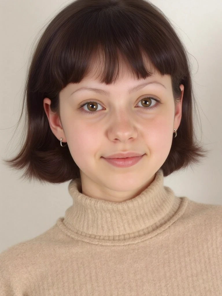 A high-quality, glamour (close-up portrait:1.5) of a young woman dressed in a turtleneck, blending laid-back comfort with a touch of effortless elegance. Her expression is calm and approachable, radiating friendliness and quiet confidence. The setting features a clean, solid background in a soft, neutral tone, with expertly diffused lighting to highlight her natural features and enhance the overall composition. The focus is sharp, capturing fine details like her skin texture, hair, and subtle makeup, creating a polished and professional aesthetic.