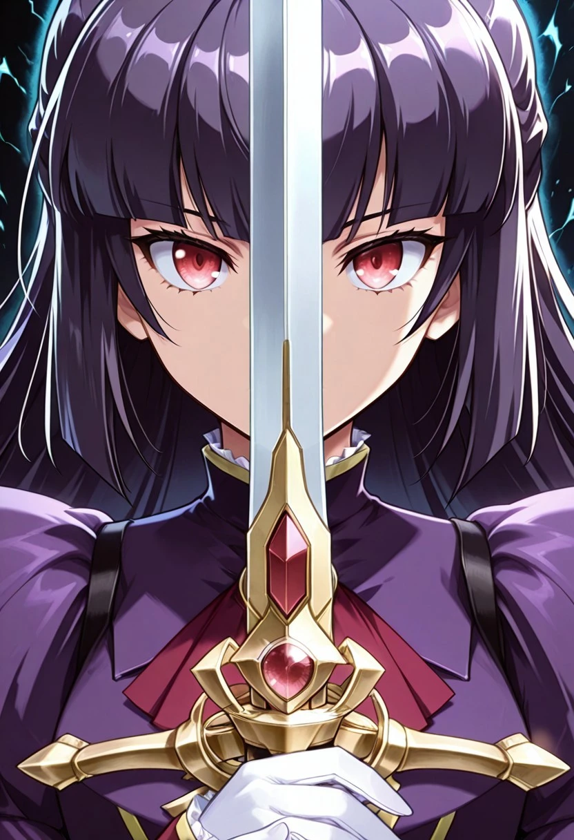 score_9,score_8_up,score_7_up,source_anime,5_figner,2d_animation,game cg,BREKE,1girl,solo
zzSabrina, red eyes, long hair, blunt bangs, sabrina pokemon, purple hair, black hair,
ascot,brooch,white gloves,juliet sleeves,frills,jewelry,long sleeves,
armor,sword,armored blue dress,houlder pad,
swordup, looking at viewer, close-up, holding sword,serious,
black background,dark,aura,
masterpiece,best qualit,ultra-detailed,illustration,an extremely delicate and beautiful,beautiful detailed eyes,unity 8k wallpaper,high resolution,anime CG,official_art,Erotic_style,