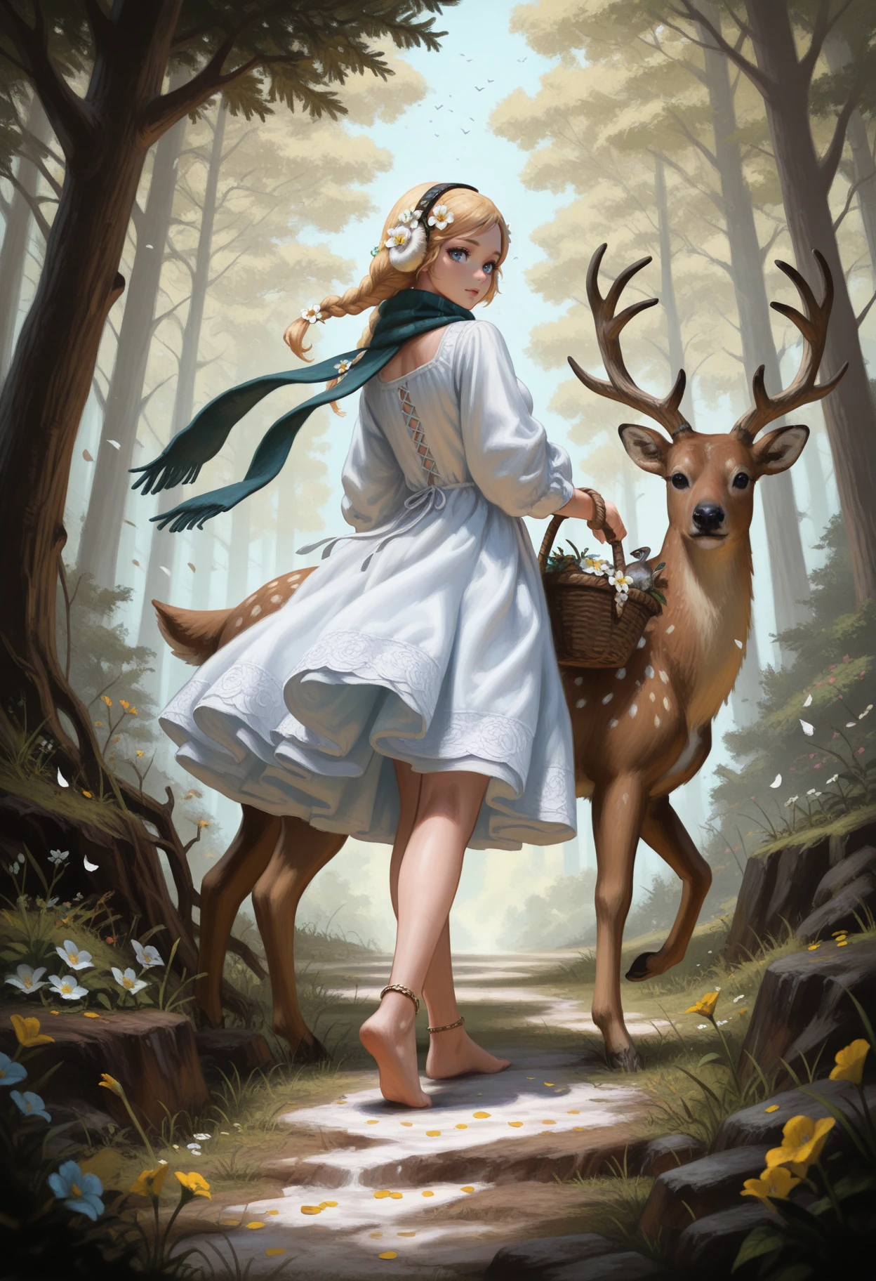 <lora:PaintedFantasyNovusV3:0.8> pa1nt1ng,
1girl, braid, basket, flower, blue eyes, bird, blonde hair, dress, tree, scarf, barefoot, long hair, petals, nature, looking back, solo, white dress, anklet, hair ornament, twin braids, hair flower, deer, outdoors, forest, animal, looking at viewer, earmuffs, masterpiece, best quality, amazing quality, intricate detail, highly detailed, absurdres,