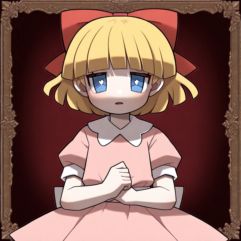 <lora:V1V404:1> v1v404
BREAK
<lora:Paula:1> paulajonesmother2, 1girl, solo, blonde hair, blue eyes, short hair, pink dress, bow, hair bow, red ribbon, short sleeves
BREAK
Hands framing face, Relieved:1.2
