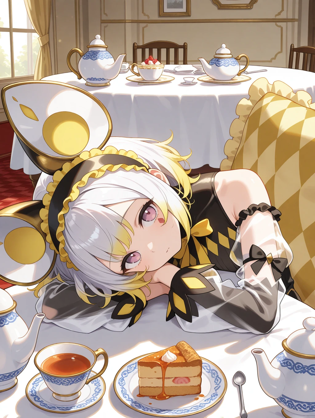 malice pawn dormouse, 1girl, cup, solo, pot, looking at viewer, food, frilled hairband, table, fake mouse ears, head tilt, see-through sleeves, head on table, tea party, black leotard, yellow argyle pillow, red argyle facial mark, yellow bow, sketch
masterpiece,best quality,amazing quality,very aesthetic,absurdres,newest,<lora:MALICE Pawn Dormouse illuXL v1:0.72>,