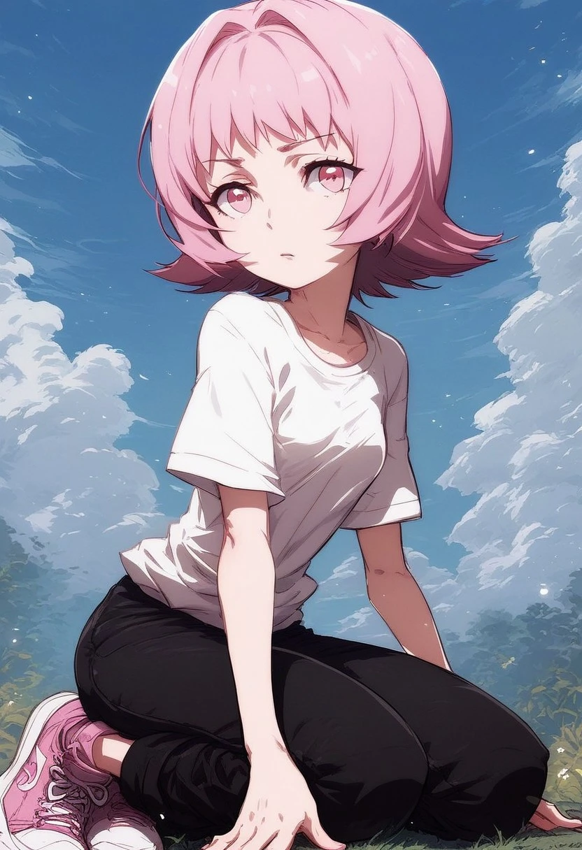 ,score_9, score_8_up, score_7_up, score_6_up, score_5_up,(solo:1.9),1girl,
BREAK
Tamao Tamamura , pink hair, pink eyes, short hair, (small breasts),white shirt,short sleeves,black pants, pink sneakers,on knees,
BREAK
Prades blue sky