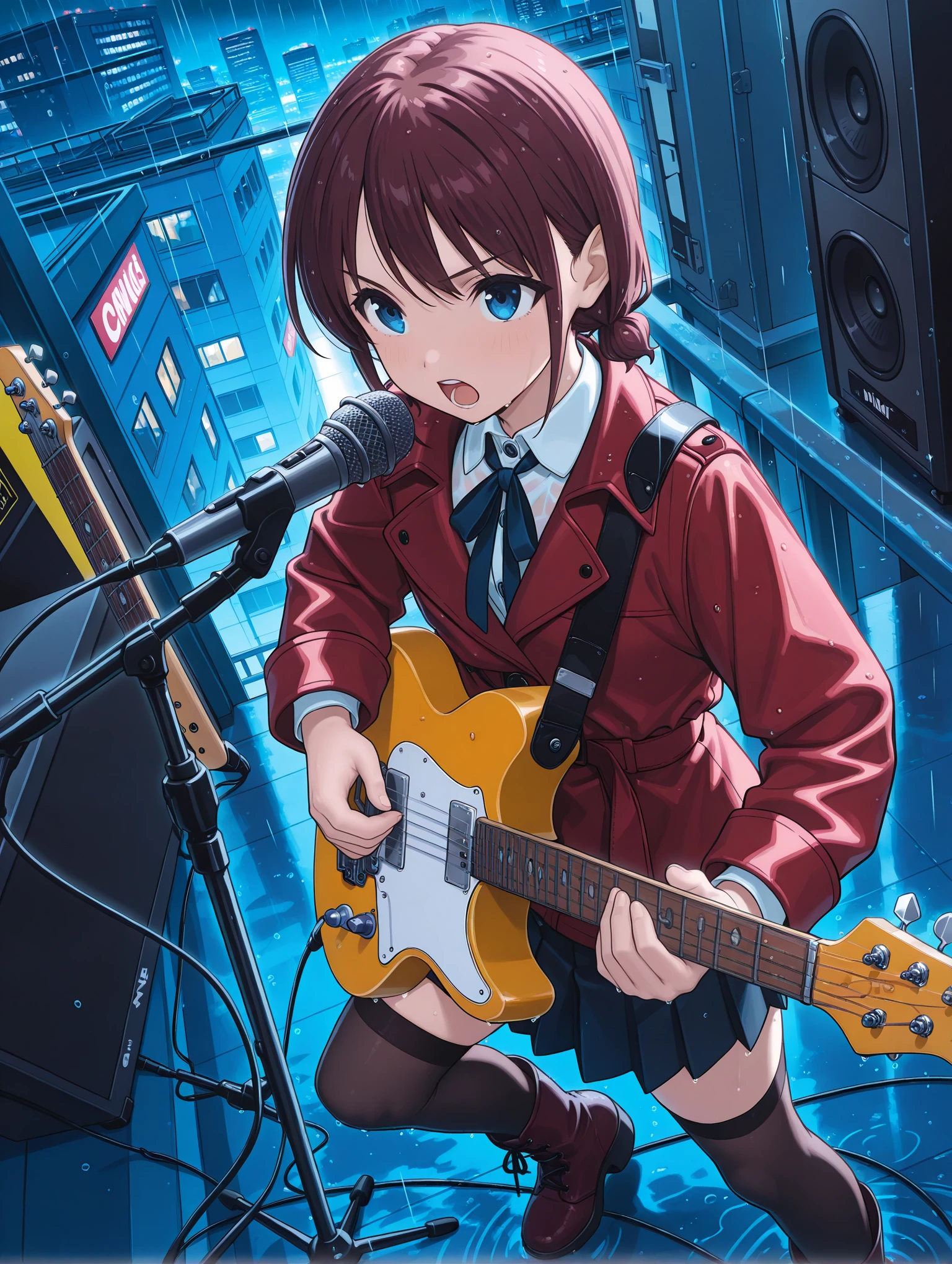 masterpiece,best quality,newest,1girl,solo,
<lora:NINA_ISERI_ilxl_v1:1>,nina_iseri,
red coat,long sleeves,neck ribbon,white collared shirt,black pleated skirt,black_thighhighs,lace-up_boots,
<lora:Fixhands_anime_bdsqlsz_V1:1>,knee_up,singing,dancing,light_blush,sweat,dynamic_angle,cinematic_angle,speaker,microphone,holding_microphone,serious,cowboy_shot,face_focus,rain,wet clothes,wet_hair,from_above,wide_shot,building,rooftop,night,view from above,facing ahead,instrument,holding instrument,brown electric guitar,microphone stand,singing,
