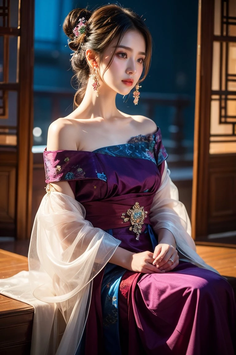 photorealistic, ultra realistic, masterpiece, best quality, HDR,UHD,8K,woman, purple dress, traditional attire, hanfu, intricate patterns, floral design, off-shoulder dress, long dress, blue and purple colors, hair ornaments, floral hair accessories, braided hairstyle, hairpins, dangling earrings, seated pose, delicate jewelry, chin-length earrings, indoor setting, lattice background, artistic photography, fashion, elegant, cultural clothing, historical reference, decorative details, feminine, delicate, graceful, subtle hand gesture, evening wear,<lora:Add More Details - Detail Enhancer _ Tweaker:0.5>, <lora:本地炼丹修手2:0.4> <lora:hans-修脚3:0.4>