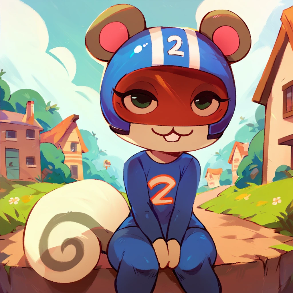 score_9, score_8_up, score_7_up, score_6_up, agent s \(animal crossing\), solo, female, 1girl, furry squirrel, looking at viewer, outside, town, house, eyelashes, blue shirt, helmet, smile, squirrel tail, 2 shirt, cowboy shot, best quality, masterpiece, sitting, hd