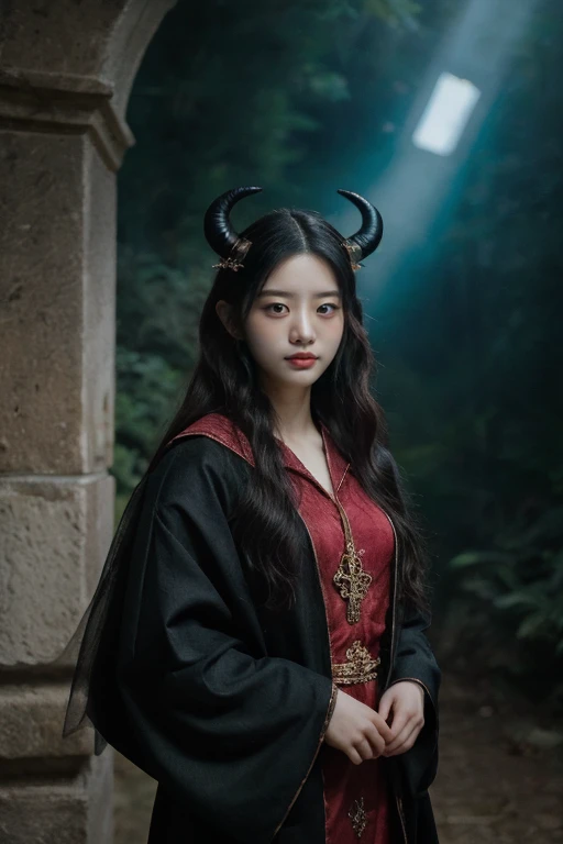 An unparalleled 8K UHD professional photograph that stands as a testament to the zenith of artistic vision, set against the backdrop of a spellbinding fantasy realm. At the heart of this realm is a 19-year-old asian girl, a figure of sublime beauty with cascading soft silver hair that glimmers like strands of starlight. Her presence is a harmonious contradiction: while her visage radiates innocence, her amazingly elegantly arched black devil horns unveil her true identity as a bona fide real demon. These devil horns, majestic yet menacing, are a perfect embodiment of her dual nature, blending seamlessly with her enchanting allure. Her pale hands, captured in exquisite detail, are not just visually striking but are also imbued with the narrative of her demonic heritage, each line and curve a whisper of her ancient lineage. By her side stands a majestic, enigmatic giant crow, a noble companion whose presence complements her own formidable essence. Their bond transcends the ordinary, radiating a joy that is both pure and deeply rooted in their shared mystical bond. The scene is bathed in a resplendent natural light that not only illuminates but also enhances the surreal elements of this otherworldly setting. The light weaves through her hair, dances around her horns, and casts a noble glow on her scary giant crow companion, against a backdrop that is vibrant and dreamlike. This composition is a masterful interplay of light and shadow, adding depth and dimension, and rendering every texture so vivid that it feels tangible. This photograph is more than a visual feast; it's an immersive experience. The viewer is not merely observing but is drawn into a world where the line between reality and fantasy blurs, touched by the beauty, mystery, and intrinsic joy of this demon girl and her mythical crow. It's a portrayal that transcends the medium, capturing the essence of their otherworldly existence in a moment frozen in time.
