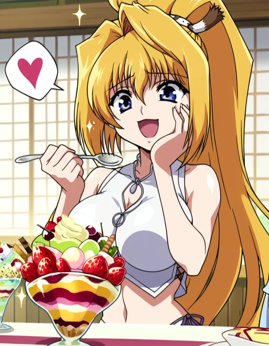 score_9, score_8_up, score_7_up, source_anime, <lora:serori-hiiragi-ova-ponyxl-lora-nochekaiser:1>, serori hiiragi, long hair,blue eyes, blonde hair, large breasts, very long hair, ponytail, hair intakes, anime screencap, <lora:parfait-ponyxl-lora-nochekaiser:1>, parfait, open mouth, heart, food, sparkle, fruit, happy, hand on own face, spoken heart, ice cream, strawberry, spoon, hand on own cheek, cherry, holding spoon,, , cowboy shot, solo