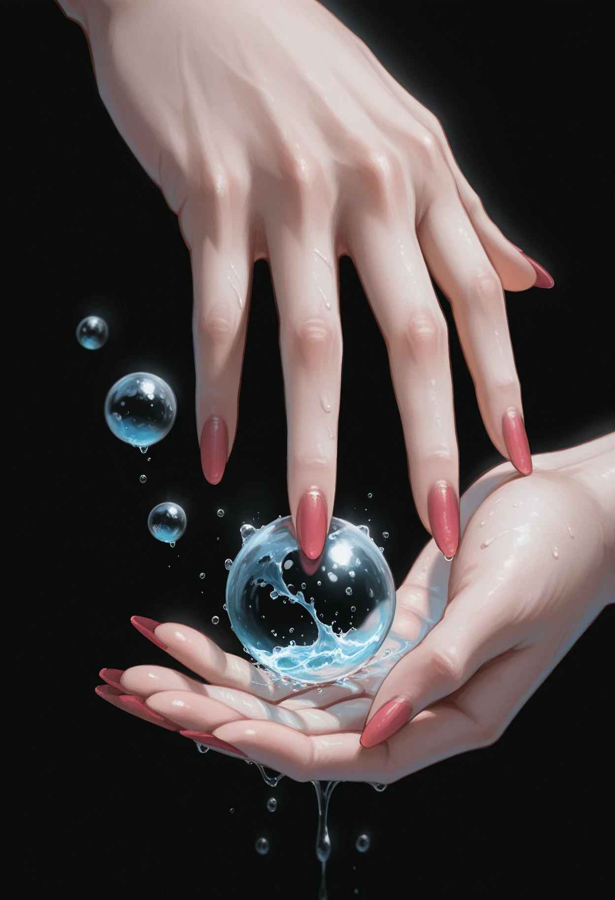<lora:PaintedFantasyNovusV3:0.8> pa1nt1ng,
, 1girl, solo, simple background, nail polish, water, fingernails, black background, close-up, long fingernails, out of frame, bubble, water drop, hand focus, masterpiece, best quality, amazing quality, intricate detail, highly detailed, absurdres,