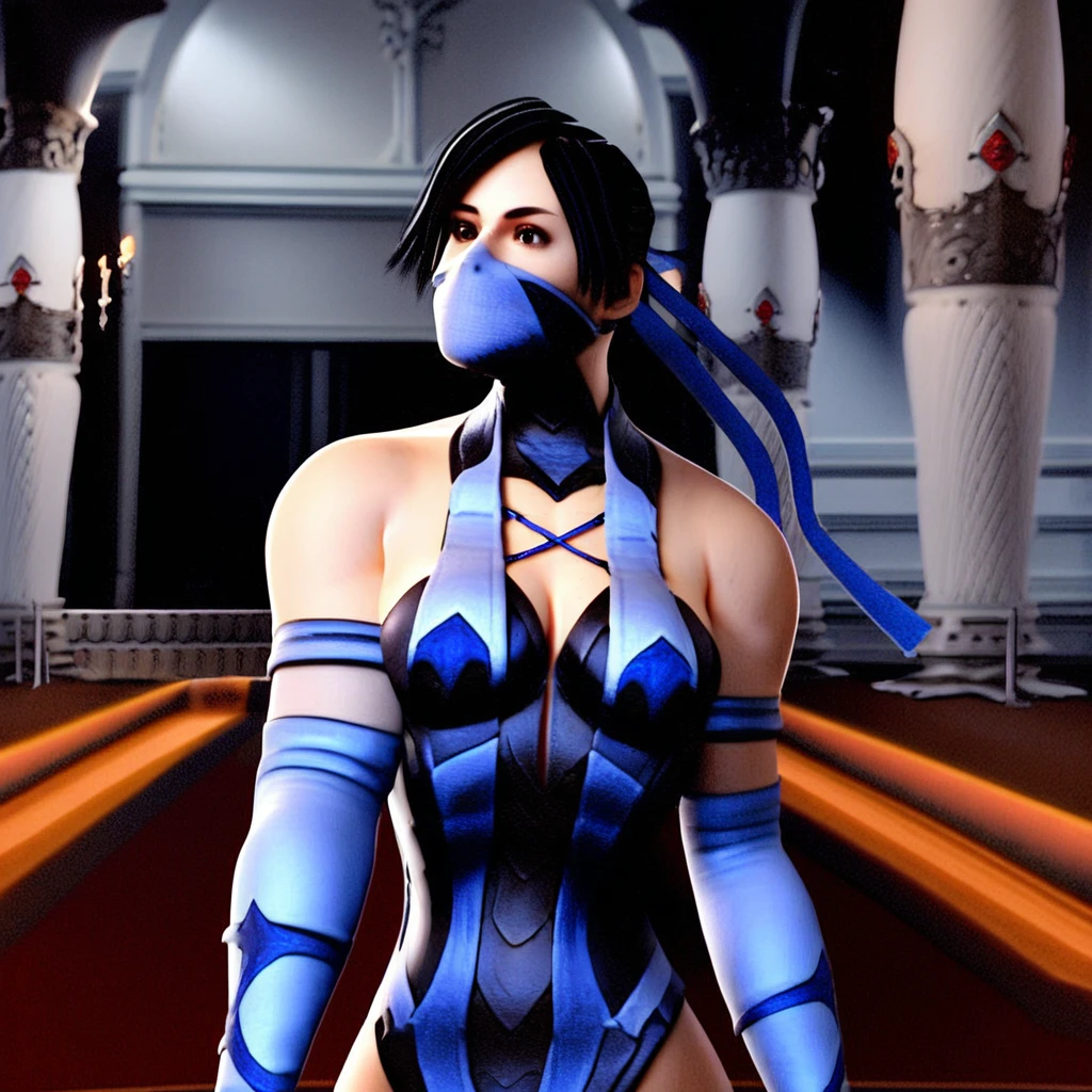 Kitana from Mortal Kombat, in blue and black high cut leotard, blue and black leggings, anime art style, intricate details