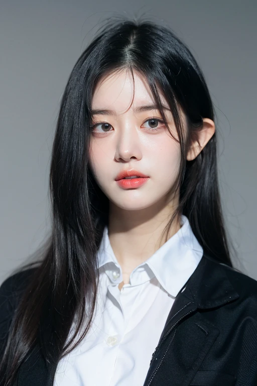 REI, masterpiece, best quality, ultra-detailed, ultra high res, (photorealistic:1.4), raw photo, (realistic:0.2), 8k HDR, bright realistic lighting, 1girl, solo, looking at viewer, asymmetrical hair, (detailed pores), (detailed skin textures), (detailed face), (simple gray background :1.2), (upper body:1.3), black suits, white collared shirts, black pants,