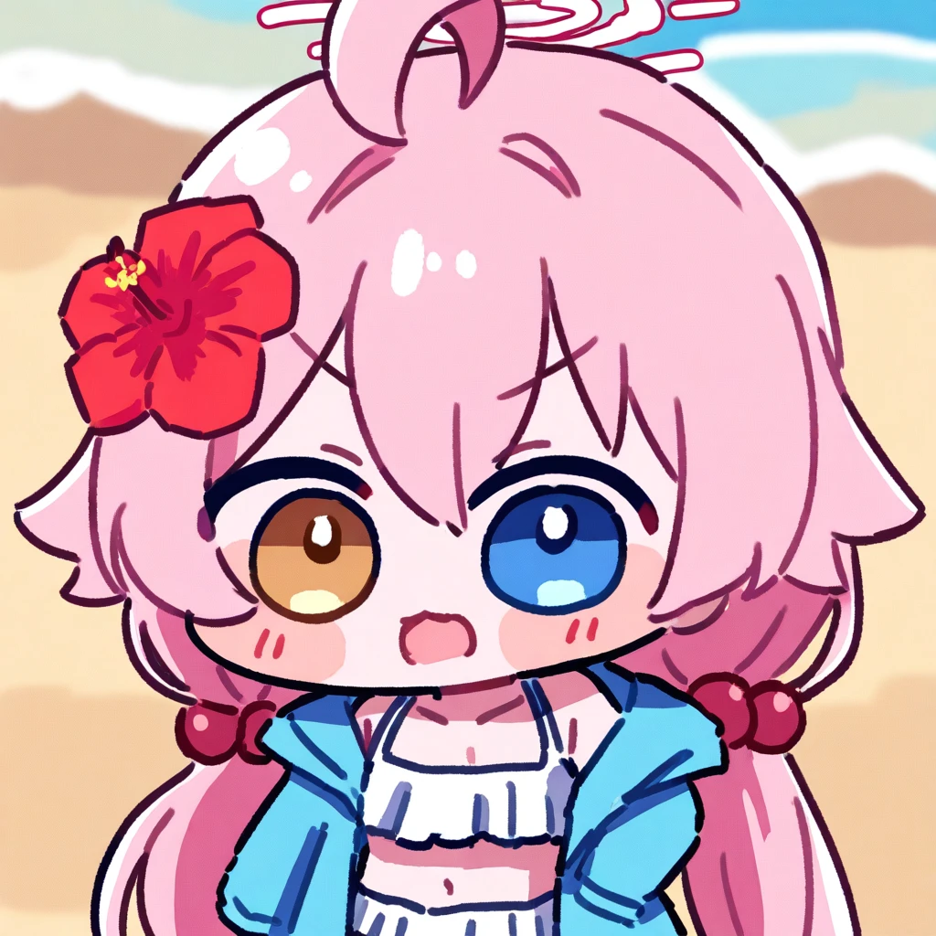 1girl, hoshino (blue archive), flower, blue jacket, hoshino (swimsuit) (blue archive), hair ornament, white bikini, frilled bikini, heterochromia, swimsuit, twintails, long hair, ahoge, yellow eyes, bikini, navel, halo, blush, looking at viewer, jacket, frills, low twintails, blue eyes, open mouth, pink hair, collarbone, hair between eyes, hair bobbles, outdoors, long sleeves, hair flower, official alternate costume, hibiscus, open clothes, blurry,miratsu_(miratsu169),chibi,