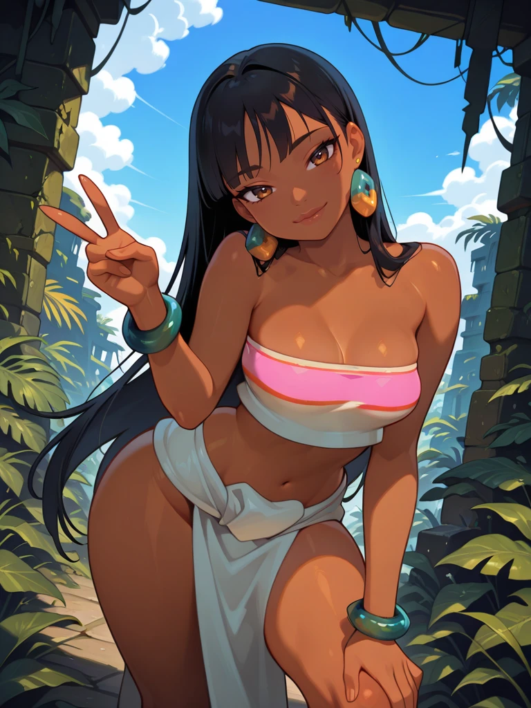 highres, hi res, best quality, masterpiece,
1girl, medium breasts, (ChelXL:1.1), long hair, black hair, bangs, brown eyes, dark skin, lips, earrings, tube top, strapless, midriff, bracelet, loincloth, pelvic curtain,
light smile, dutch angle, naughty pose, looking at viewer, vegetation, jungle, ruins, sky, clouds, daylight, portrait, dynamic pose, cowboy shot, head tilt, v, one hand on knee,
<lora:Chel-ILV1:0.85> <lora:[Kajin-man] Artist Style IllustriousXL:0.85>