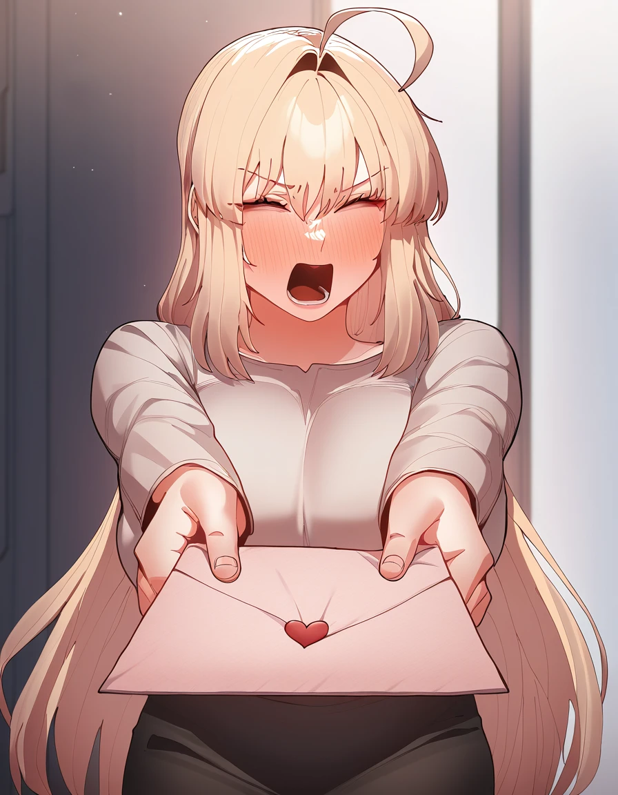 masterpiece, best quality, newest, absurdres, highres, safe,, <lora:bang-hyuna-manhwa-illustriousxl-lora-nochekaiser:1>, bang hyuna, long hair, bangs, blonde hair, large breasts, orange eyes, hair intakes, ahoge,, <lora:love-letter-ponyxl-lora-nochekaiser:1>, love letter, heart, valentine, letter, confession, incoming gift, outstretched arms, closed eyes, shouting,, , cowboy shot, solo
