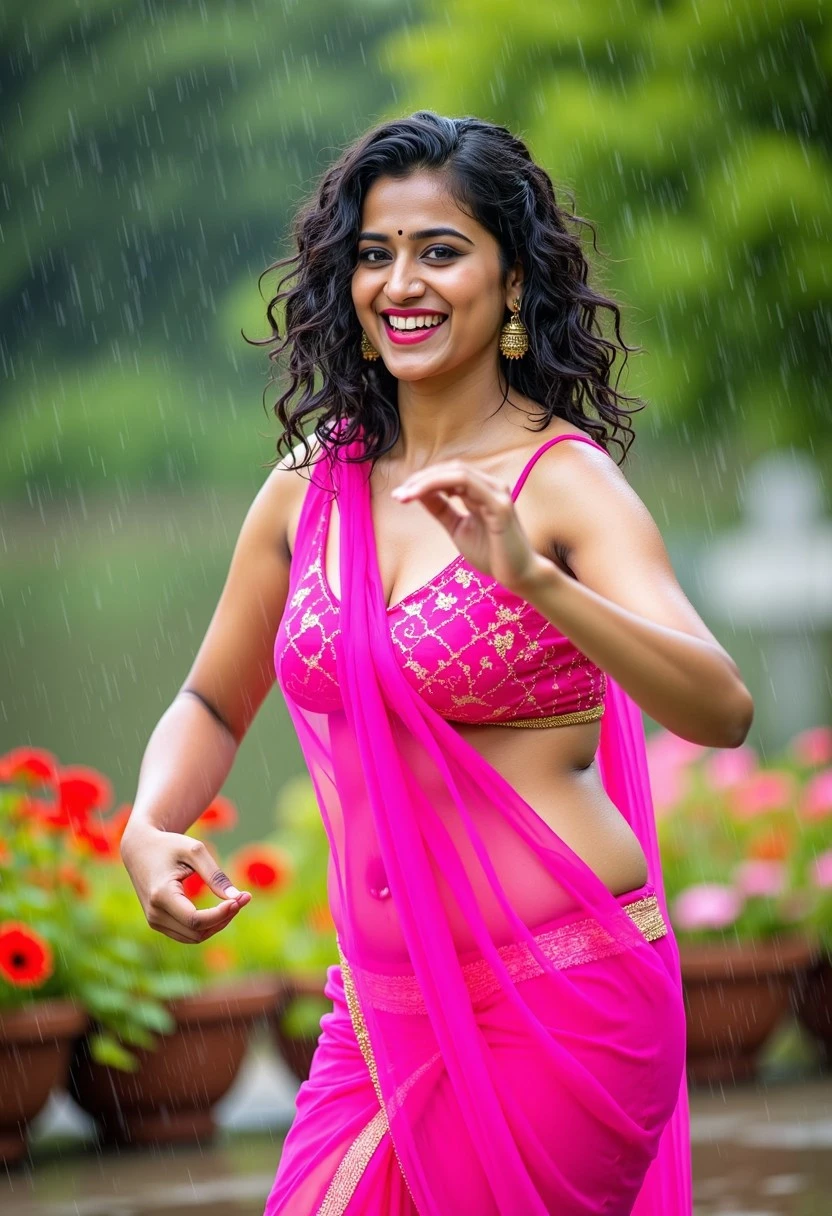 A vibrant photograph captures a joyful Indian woman dancing in the rain. She has wet, curly black hair and a radiant smile. She is wearing a bright pink sheer see-through saree adorned with golden embroidery and matching accessories. She wears a matching Sexy Sleeveless Short Wet Sheer Indian Blouse (Choli) and a matching Sheer Petticoat below her Saree, She has gone Braless and wearing No Panty. The forms of her beautiful slim yet hourglass body is visible under her soaking wet cloths. Her hair and skin are very wet, water droplets are present on them. Raindrops are visibly falling, creating a refreshing and lively atmosphere. The background features lush greenery and colorful flowers, adding to the natural and cheerful setting. The overall mood is exuberant and carefree. Sexy_Saree_Siren