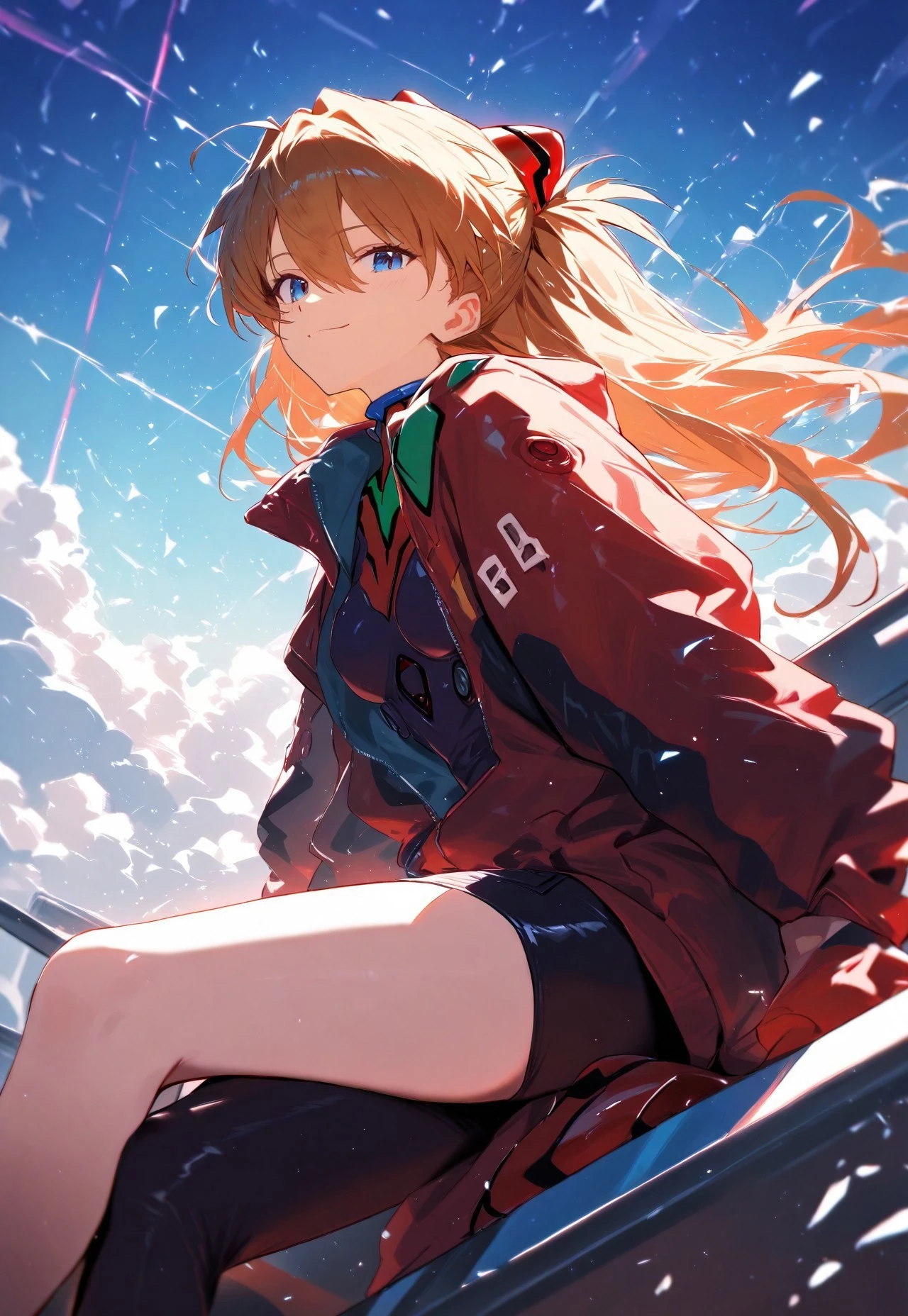 masterpiece, high score, great score, absurdres 1girl, synthwave, smile, looking at viewer, souryuu asuka langley, neon genesis evangelion, rebuild of evangelion, sitting on train, particles
