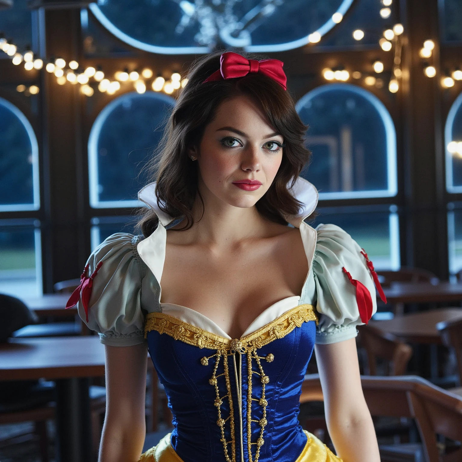 Breathtaking photography of ohwx woman showing her sexy BodyOnly1, large breasts, ultra narrow waist, A portrait of a young woman dressed as Snow White from the classic Disney movie "Snow White and the Seven Dwarfs. She wears a blue corset with gold trim and a red bow on her head. The corset has a deep V-neckline and a corset-style bodice. The woman's dark hair is styled in loose waves and she has a neutral expression. She stands in a dimly lit indoor setting with a backdrop of arched windows and string lights. The color palette is dominated by blue, gold, and white, with the red bow adding pop of color., looking at viewer, eyelashes, fine hair detail, entire hairstyle visible, perfect eyes with iris pattern, sensual lips, nose, (perfectly sharp:1.3), realistic textures, (deep focus:1.5), 8k uhd, dslr, ultra high quality image, film grain, Fujifilm XT3