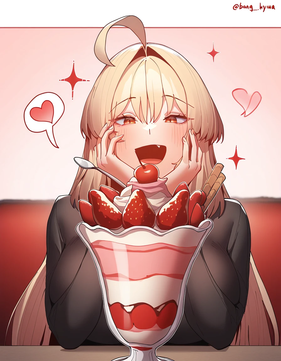 masterpiece, best quality, newest, absurdres, highres, safe,, <lora:bang-hyuna-manhwa-illustriousxl-lora-nochekaiser:1>, bang hyuna, long hair, bangs, blonde hair, large breasts, orange eyes, hair intakes, ahoge,, <lora:parfait-ponyxl-lora-nochekaiser:1>, parfait, open mouth, heart, food, sparkle, fruit, happy, hand on own face, spoken heart, ice cream, strawberry, spoon, hand on own cheek, cherry, holding spoon,, , cowboy shot, solo