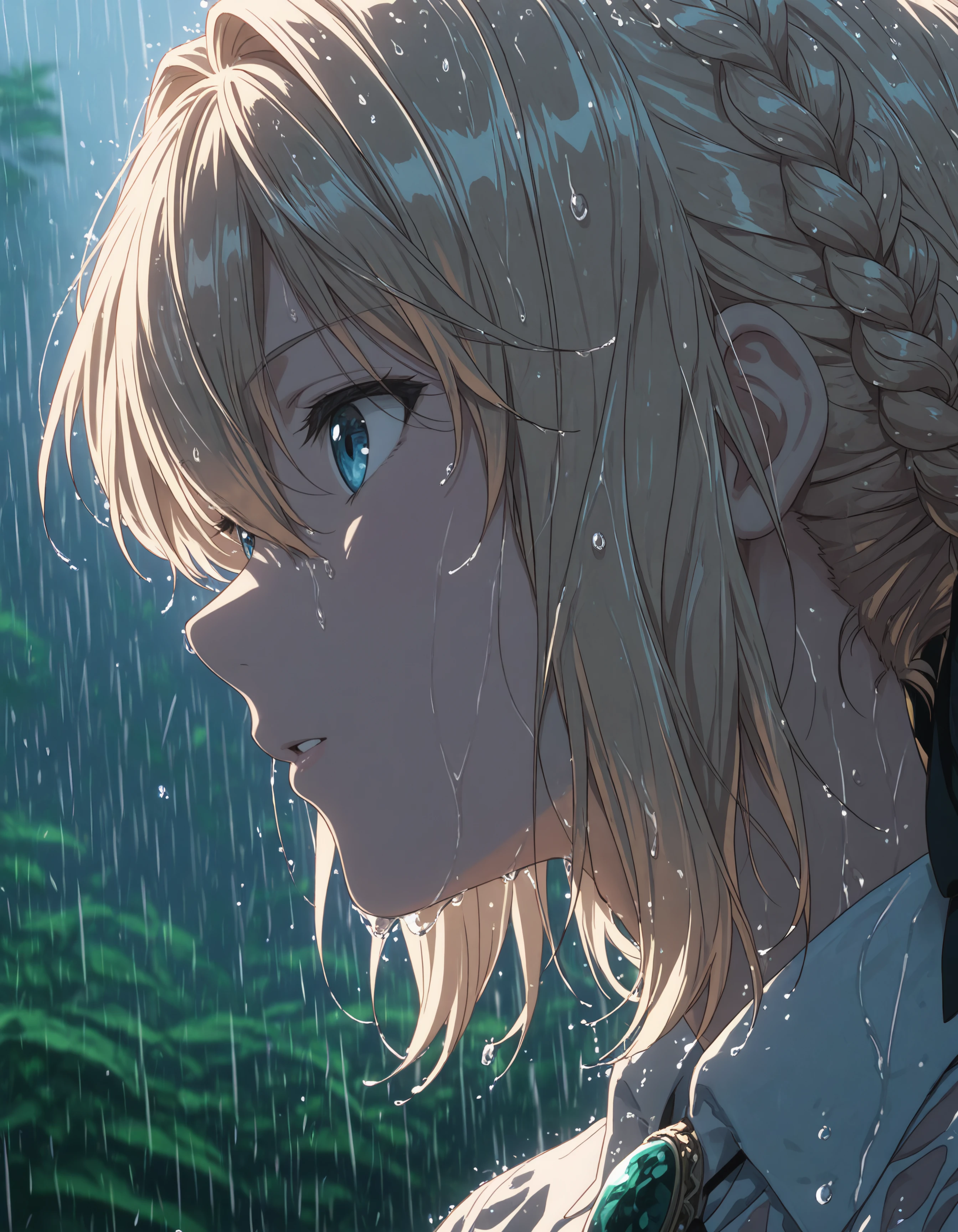 blonde hair, voilett, big blue eyes, silver prosthetic arms, blue eyes, 1girl, solo, short_hair, blue_eyes, shirt, blonde_hair, ribbon, hair_between_eyes, jewelry, white_shirt, braid, hair_ribbon, sidelocks, outdoors, parted_lips, collared_shirt, blurry, from_side, eyelashes, wet, black_ribbon, blurry_background, profile, hair_intakes, portrait, gem, brooch, wet_clothes, close-up, french_braid, rain, water_drop, crown_braid, looking_ahead, wet_hair, looking_afar, braided_bun, blue_gemstone, red_gemstone, green_gemstone, bolo_tie,
hdr, low contrast, masterpiece, best quality, absurdres, highres, perfect anatomy, anime style, anime screenshot, 8k wallpaper, ultra high quality, extremely detailed cg, perfect lighting, (sharp image)