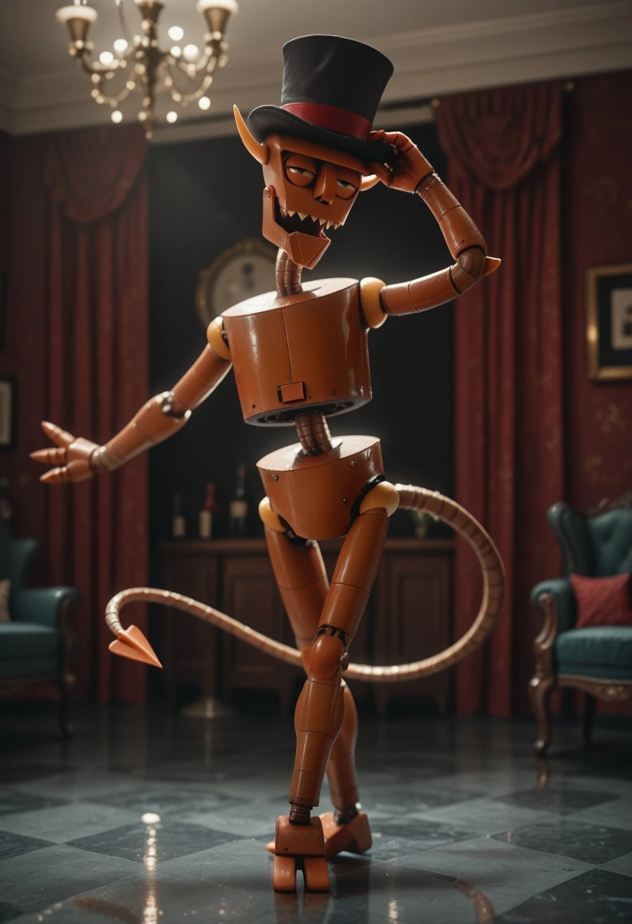 masterpiece, best quality, realism, amazing quality, 1boy, solo, b33lz3b0t, humanoid robot, hat, top hat, dancing, tail, half-closed eyes
