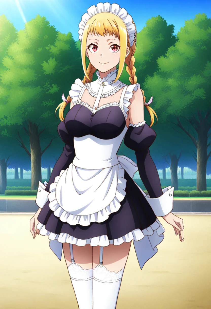 (masterpiece:1.37), Highest quality, (Very detailed:1.37), (One Girl:1.5), woman, (mature:1.5), (Adult:1.5), Hair Ribbon,Earrings, Maid clothes, pantyhose, (Pelvic Curtain:1.5), (Very detailed eyes:1.37), (get wet:2.0), despair, (Are standing:1.5), Embarrassing, humiliation, blush, anger, cherry blossoms, garden, (Golden Hour:1.5), whole body, (Crossing your legs:1.5), From above