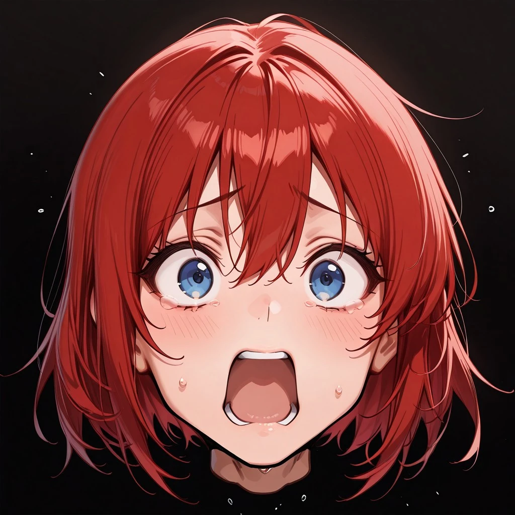 score_9, score_8_up, score_7_up, (solo), (1girl), red hair, bangs, medium hair, hair between eyes, blue eyes,
(Disembodied head floating), screaming, wide eyes, worried,
(black background),
(masterpiece), (amazing artwork),