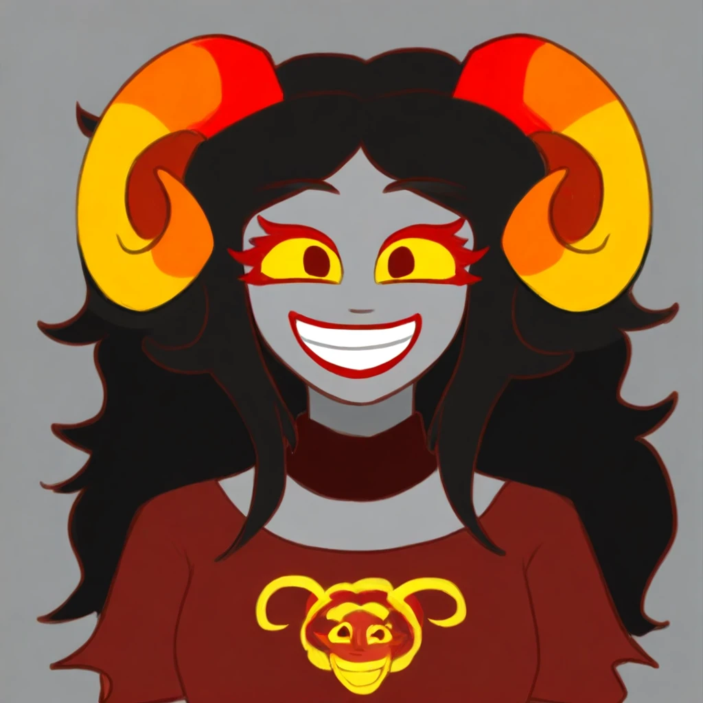 Aradia Megido, grey skin, black hair, long hair, sheep horns, yellow sclera, red irises, smile, grin