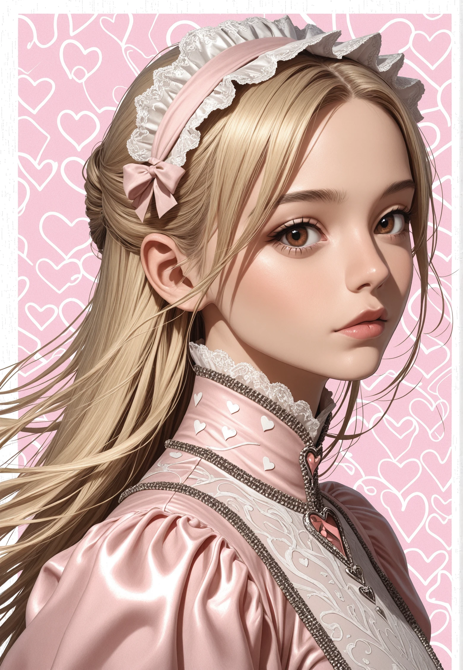 1girl, face, portrait, looking at viewer,
Glitch Art,, masterpiece,best quality,amazing quality,very aesthetic,absurdres,newest,detailed eyes, realistic body,
brown eyes, blonde, half updo hair, haute couture, maid dress, gothic dress, long sleeves, ruffles, maid hairband,
face focus, upper body view, dynamic angle,
(one giant square in background:1.4), abstract background, minimalistic composition, pastel pink background details, floating hair, futuristic print in background, heart patterns,
light from one side, dark shadow,