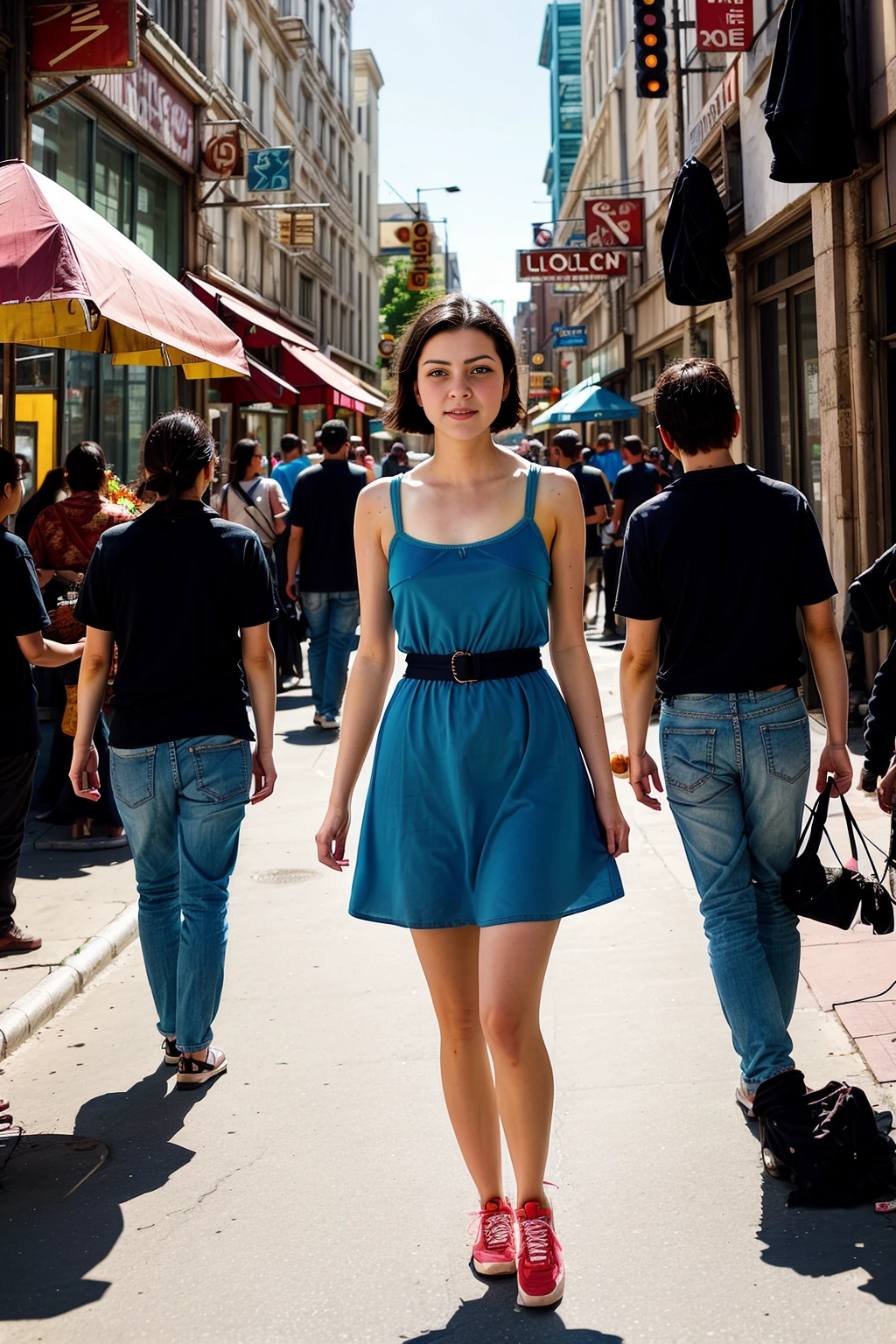 <lora:TinaTomaSD:1>, A young woman with in a modern casual dress, walking through a vibrant city street with street vendors, neon signs, and historic-modern buildings. Warm sunlight filters through, highlighting her composed demeanor. Cinematic composition, realistic lighting, and vibrant colors.
