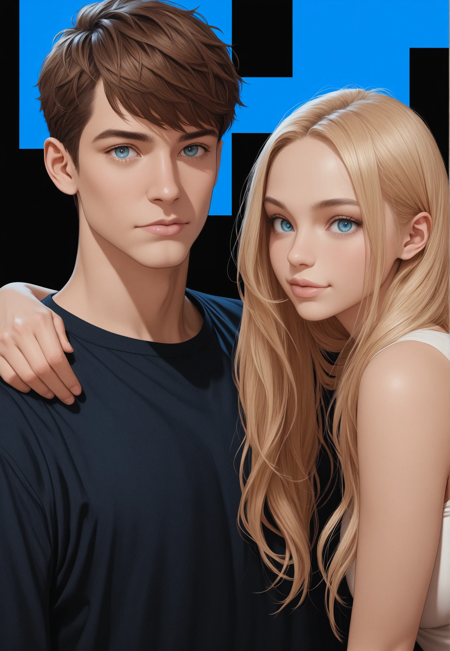 masterpiece, best quality, looking at viewer,
1girl, 1boy,
(woman:blue eyes, blonde hair,long hair),
(man:brown hair,short hair),
couple posing, cheeky,
(one giant square in background:1.4), black background, abstract background, minimalistic composition, blue background details,