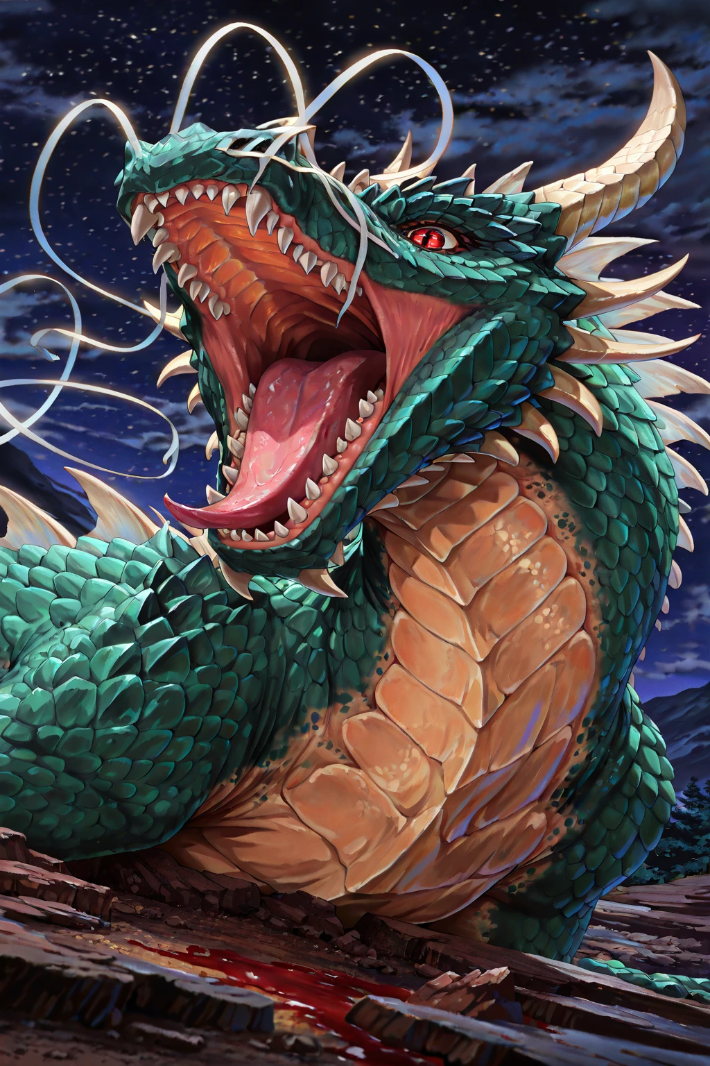 (masterpiece, best quality:1.4), top quality, (8k resolution),scenery, tal1sman, fantasy, ultra-detailed portrait, traditional media, retro artstyle, cinematic scene, dutch angle, open_mouth, red_eyes, sky, teeth, tongue, (no_humans:1.3), blood, night, sharp_teeth, star_(sky), starry_sky, monster, dragon, scales,atmosphere, ambient, (Volumetric lighting), BREAK, amazing quality,very aesthetic,high resolution,ultra-detailed,absurdres,newest,depth of field,masterpiece, (extremely detailed background),hyper-Detailed, (dark:1.3), low key lighting