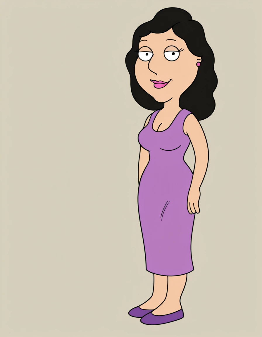 <lora:BonnieFGIllustrious1.0JLFO:1.0> bonnie, 1girl, long hair, black hair, solo, purple dress, earrings, lipstick, breasts, cleavage, black eyes, looking at viewer, simple background, smile, full body,