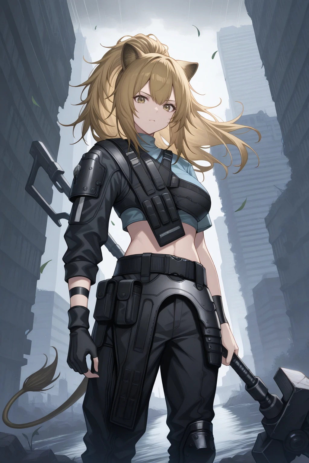 masterpiece, best quality, dutch angle, cowboy shot, looking at viewer, serious, 1girl, si3g3, large breasts, lion ears, lion tail, yellow eyes, blonde hair, hair between eyes, sidelocks, ponytail, long hair, cropped shirt, blue shirt, tactical clothes, asymmetrical armor, uneven sleeves, midriff, belt, black pants, knee pads, pouch, arm strap, wristband, single glove, fingerless gloves, black gloves, black boots, holding weapon, war hammer, huge weapon, outdoors, post-apocalypse, stream, city, skyscraper, storm, wind, falling leaves, floating hair, <lora:Hoseki_Arknights_Siege_lllustriousXL:1>