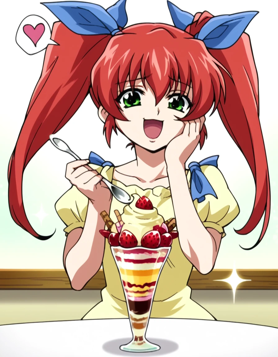 score_9, score_8_up, score_7_up, source_anime, <lora:takane-hiiragi-ova-ponyxl-lora-nochekaiser:1>, takane hiiragi, small breasts, mature female, green eyes, red hair, twintails, two side up, hair ribbon, blue ribbon, anime screencap, <lora:parfait-ponyxl-lora-nochekaiser:1>, parfait, open mouth, heart, food, sparkle, fruit, happy, hand on own face, spoken heart, ice cream, strawberry, spoon, hand on own cheek, cherry, holding spoon,, , cowboy shot, solo