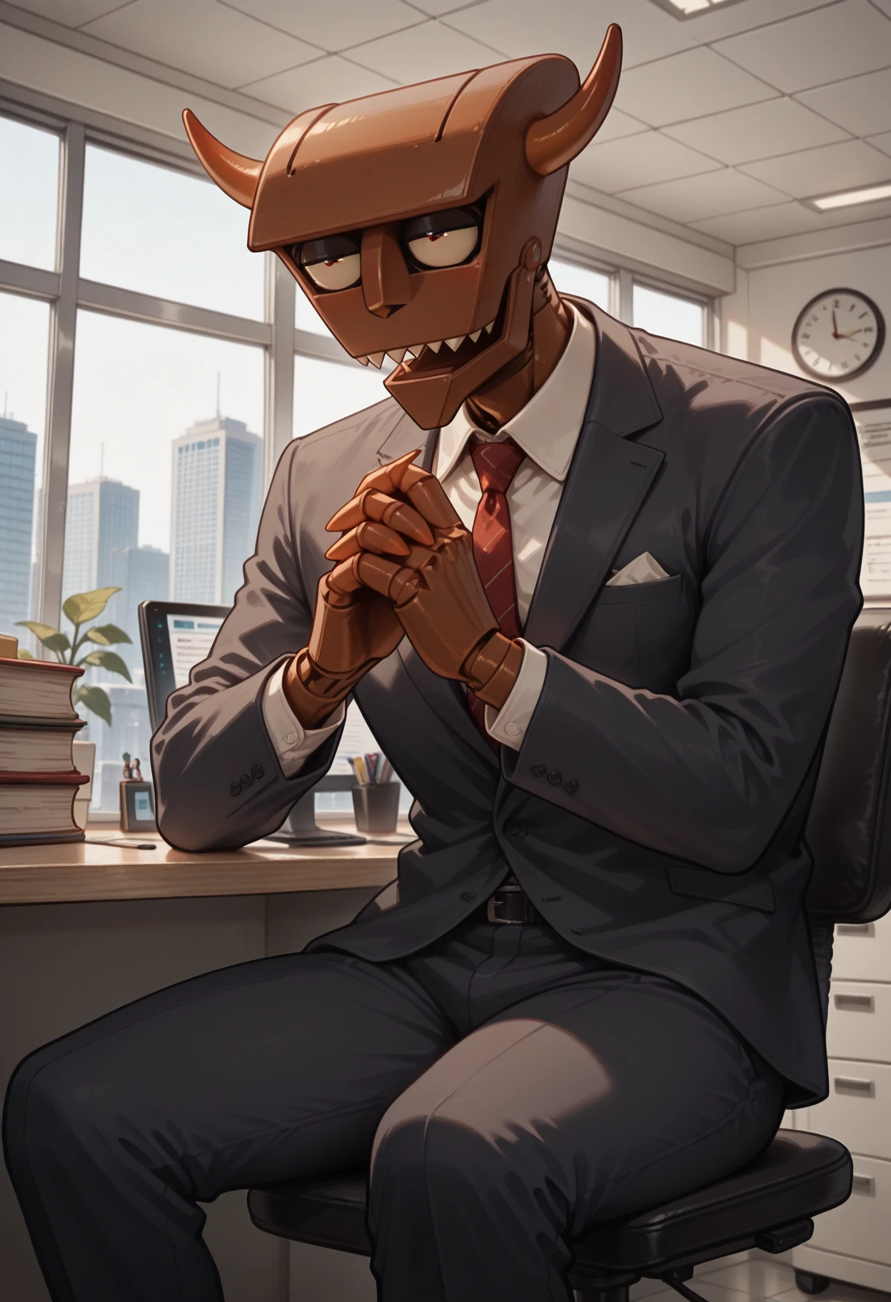 masterpiece, best quality, amazing quality, 1boy, solo, b33lz3b0t, humanoid robot, office, suit, sitting, clasping own hands