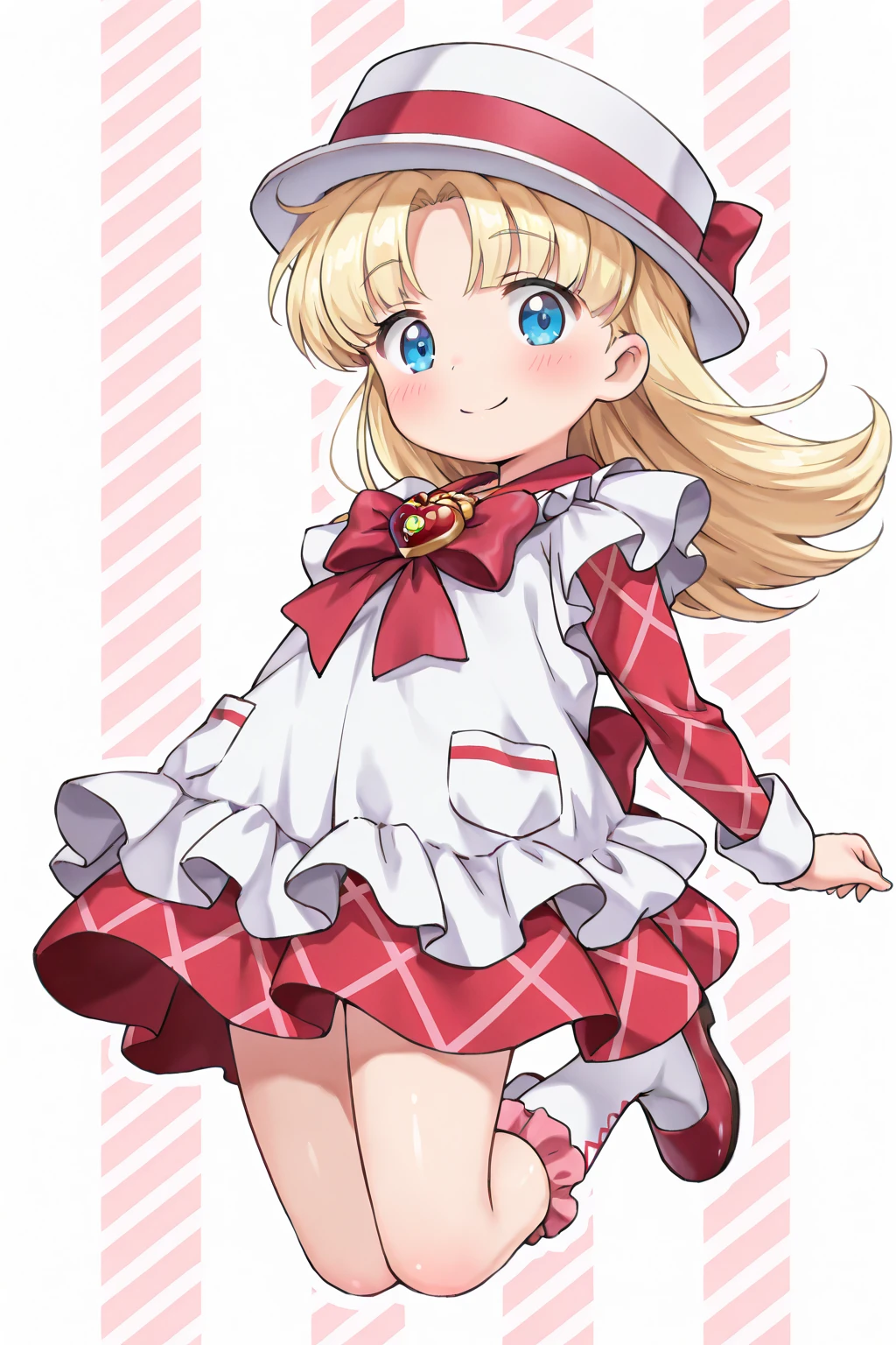 (Masterpiece, best quality:1.3), top quality, 8k resolution, full body, (ultra-detailed, hyperdetailed), traditional media, 2d, nadja, (solo), blue eyes, (porkpie hat, hat bow:1.1), (white headwear:1.3), (midair, jumping:1.1), wind lift, wind, dutch angle, (deep depth of field), cinematic, (striped background:1.1), simple background, frills,blush, (from below), looking at viewer, floating hair, blonde hair, long hair, flipped hair, parted bangs, happy, smile, detailed eyes, detailed face, closed mouth, looking at viewer, red dress, apron, white apron, frilled apron, long sleeves, argyle, argyle print,(chest bow), (heart brooch), brooch, (wrist cuffs), back bow, (shiny:1.2), beautiful, (kneehighs, shoes:1.2), legs up, extremely detailed, simple background, BREAK, amazing quality, very aesthetic,high resolution, ultra-detailed,absurdres, newest