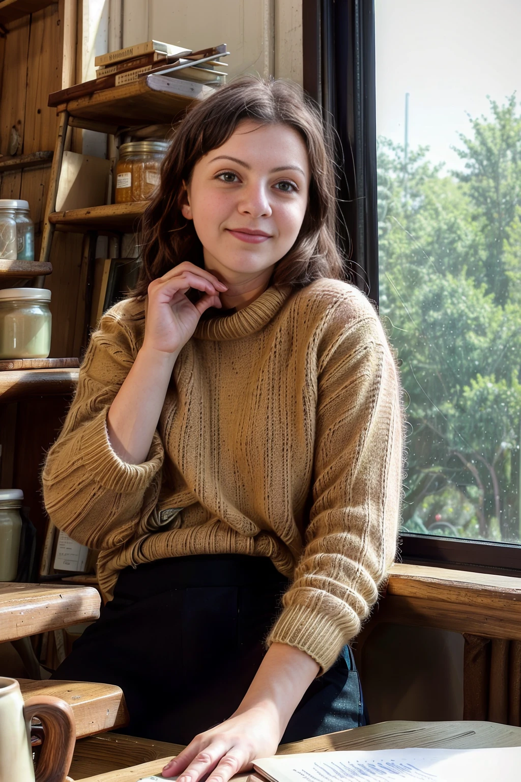 <lora:TinaTomaSD:1>, A Young woman in a cozy vintage café, wearing a sweater and having a steaming cup of coffee. Sunlight streams through large windows, illuminating her serene expression. Rustic furniture, antique decor, shelves with books and jars, soft golden lighting, tranquil atmosphere. RAW photo, soft lighting, 8K UHD, DSLR, film grain, Nikon D850.