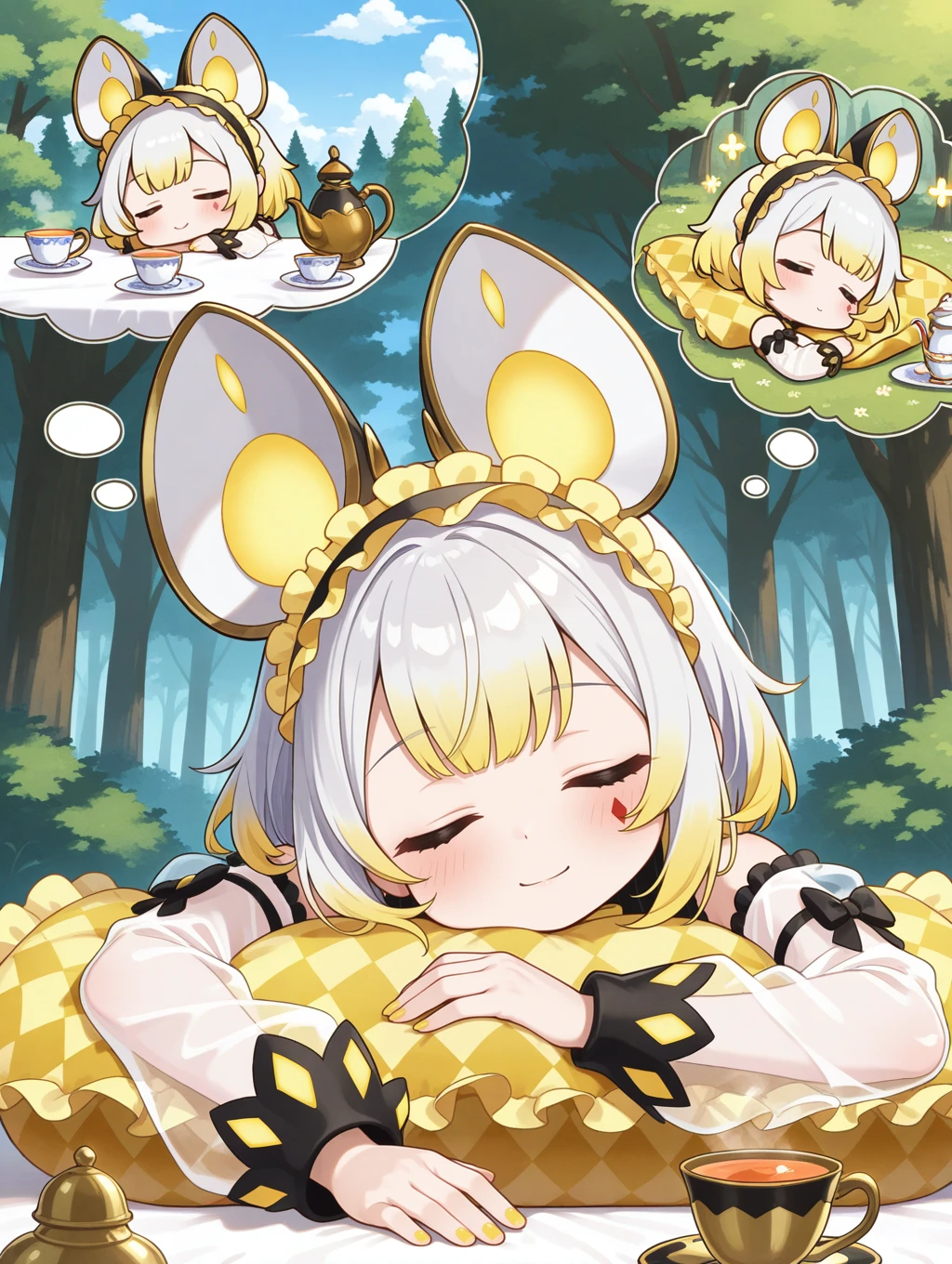 1girl,solo,yellow argyle pillow,chibi,closed eyes,smile,on stomach,sleeping,simple background,blush,malice pawn dormouse,frilled hairband,fake mouse ears,red argyle facial mark,see-through sleeves,head tilt,yellow bow,thought bubble,tea party,forest,cloud,blue sky,yellow nails,teapot,head on table,
masterpiece,best quality,amazing quality,very aesthetic,absurdres,newest,<lora:MALICE Pawn Dormouse illuXL v1:0.7>,