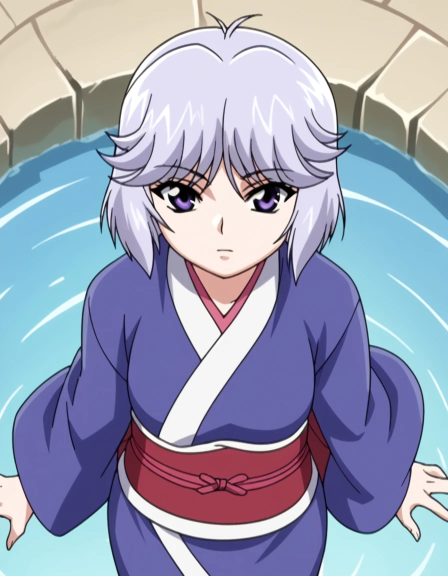 score_9, score_8_up, score_7_up, source_anime, <lora:hinano-hiiragi-ova-ponyxl-lora-nochekaiser:1>, hinano hiiragi, short hair, purple eyes, light purple hair, mature female, small breasts, anime screencap, japanese clothes, kimono, sash, obi, blue kimono, well, water, stone, old, deep, , from above,, looking at viewer, solo,, cowboy shot, solo